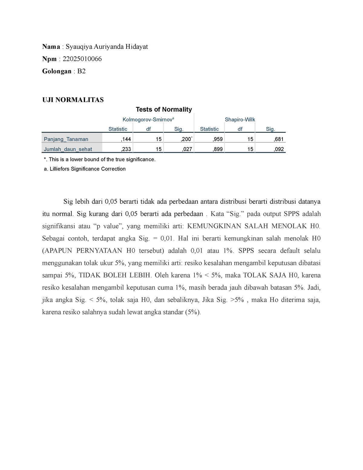 UJI Normalitas STATISTIKA - Nama : Syauqiya Auriyanda Hidayat Npm ...