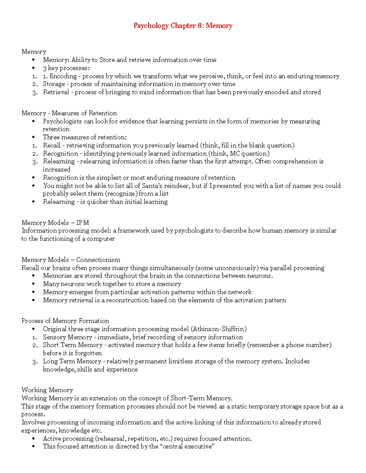 Psychology Chapter 8: Memory - Psychology Chapter 8: Memory Memory ...