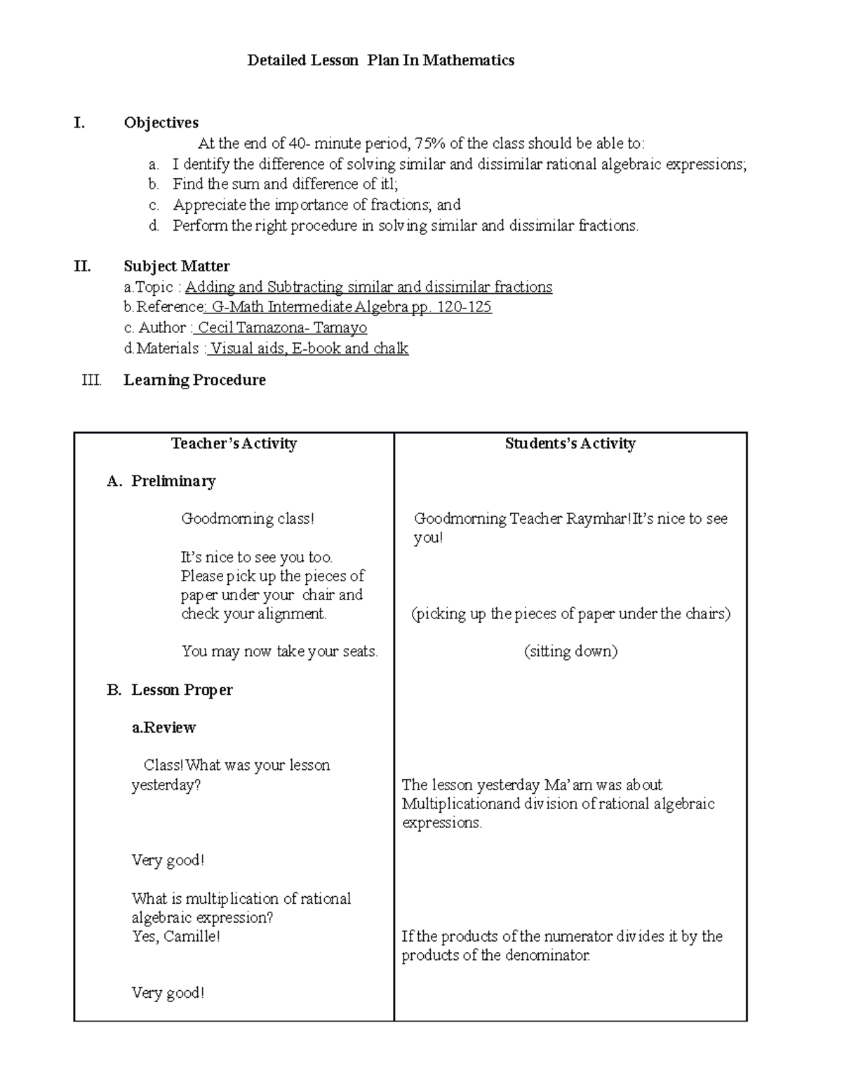 Detailed Lesson Plan In Mathematics - Objectives At the end of 40 ...