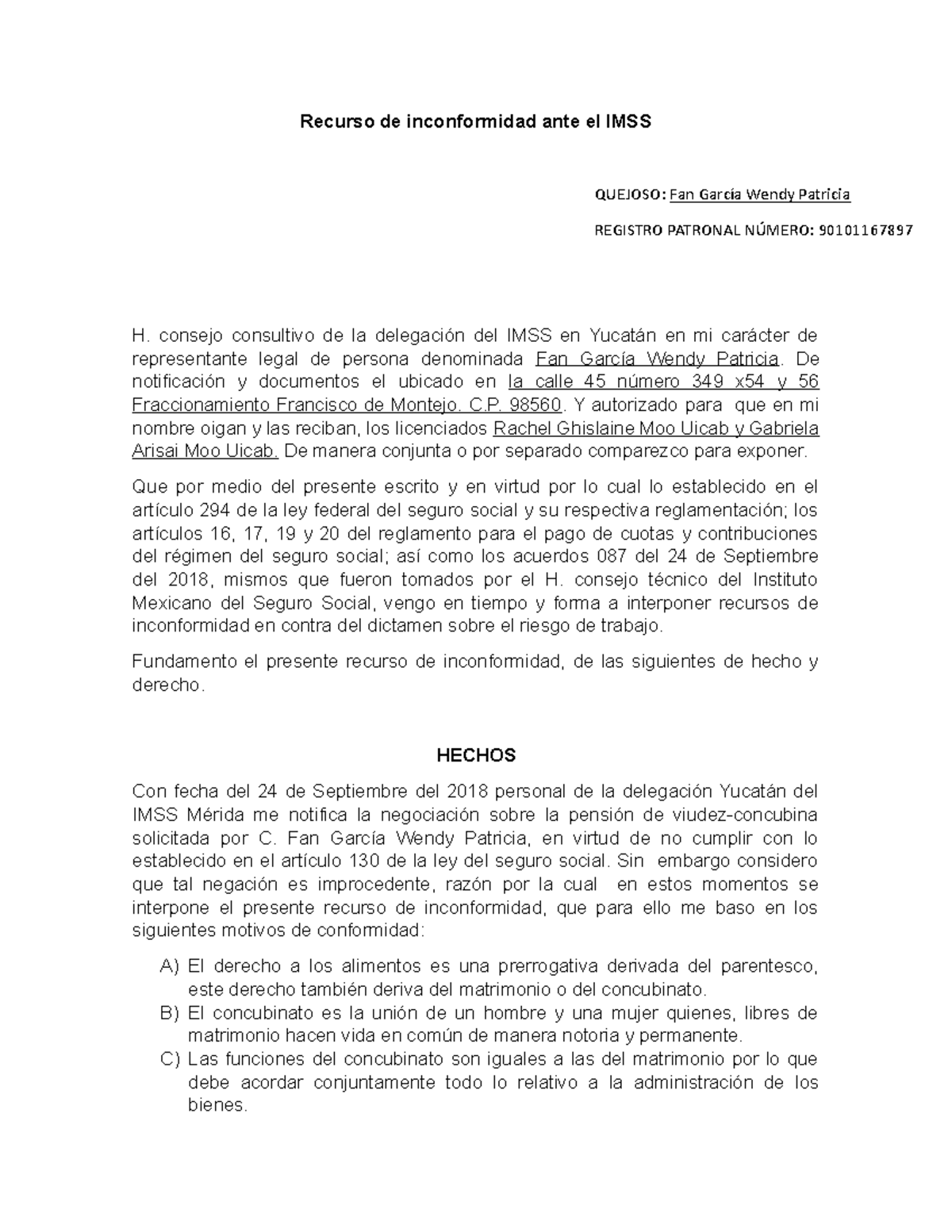 Recurso de inconformidad - consejo consultivo de la delegación del IMSS en  Yucatán en mi carácter de - Studocu