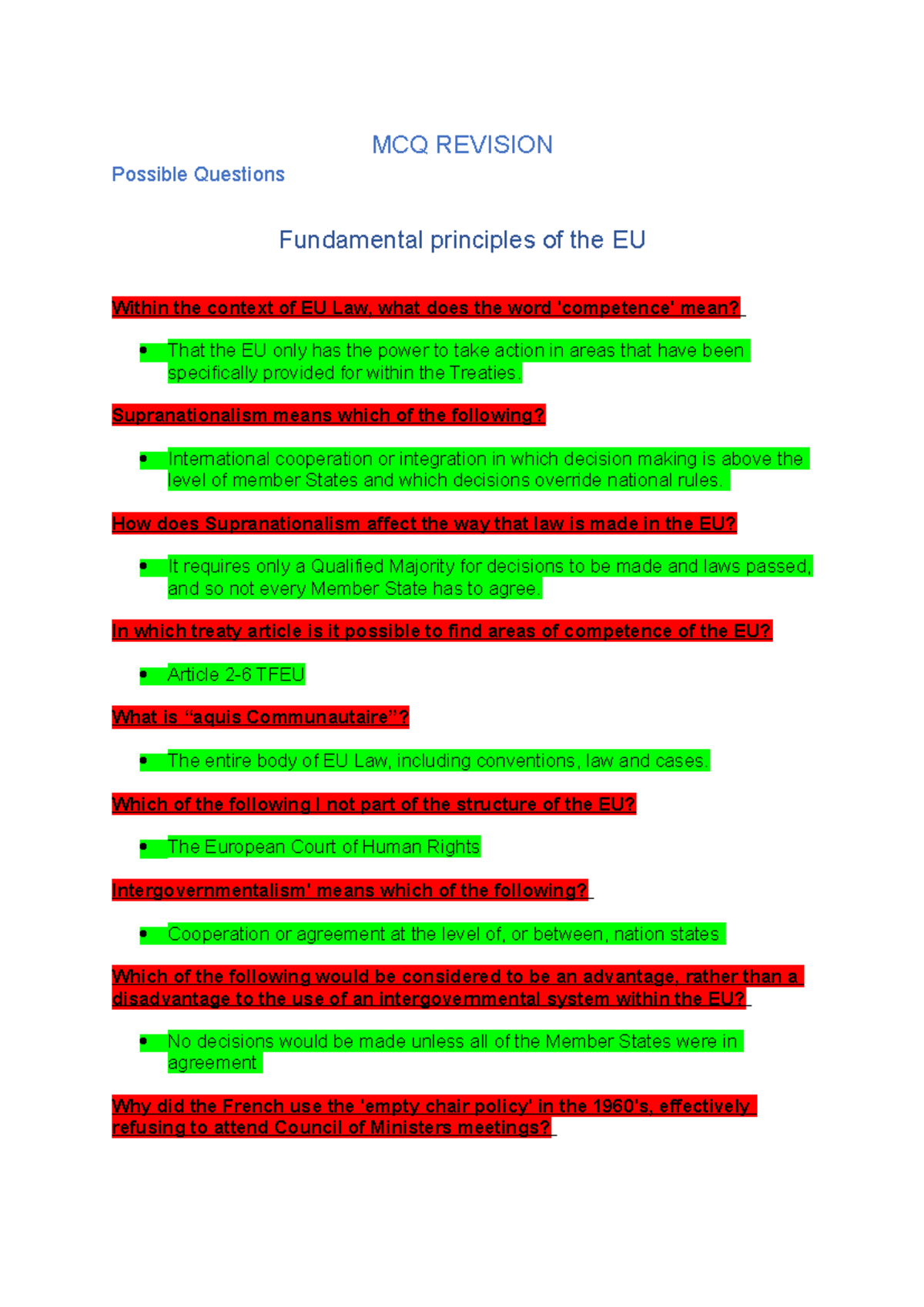 MCQ Revision PT 1 MCQ REVISION Possible Questions Fundamental principles of the EU Within the