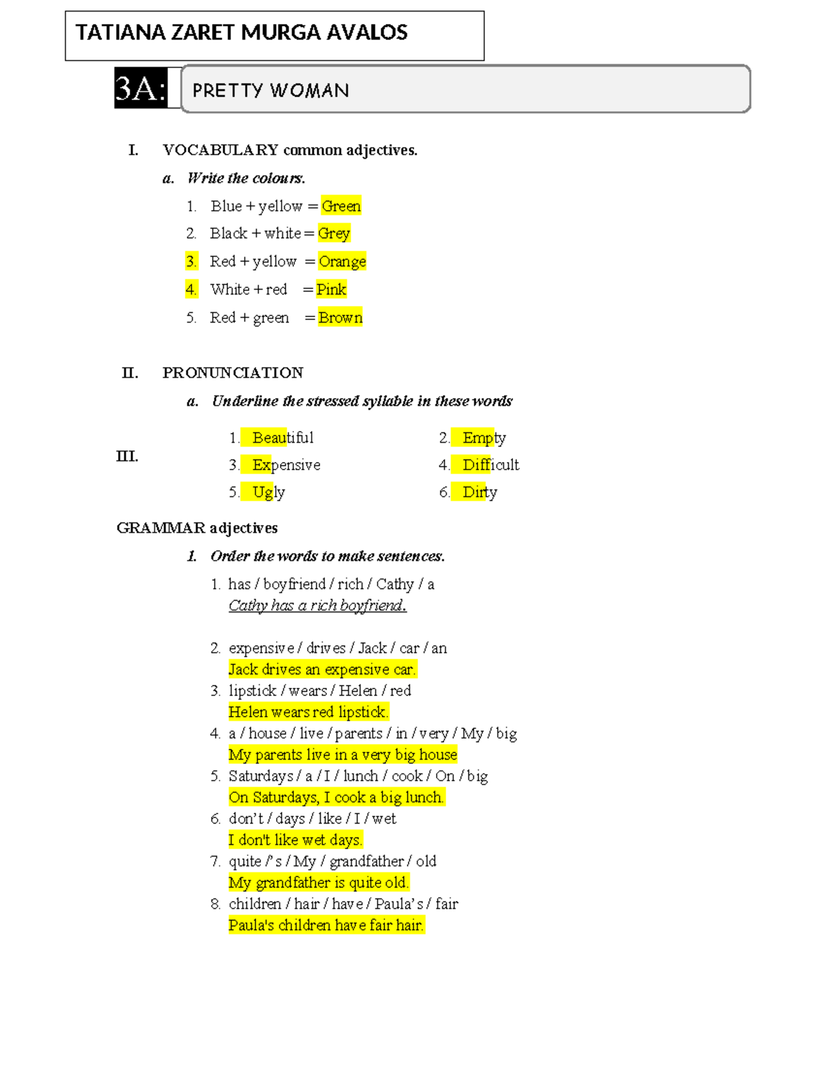 3A - Common Adjectives - Inglés - 3A: I. VOCABULARY common adjectives ...