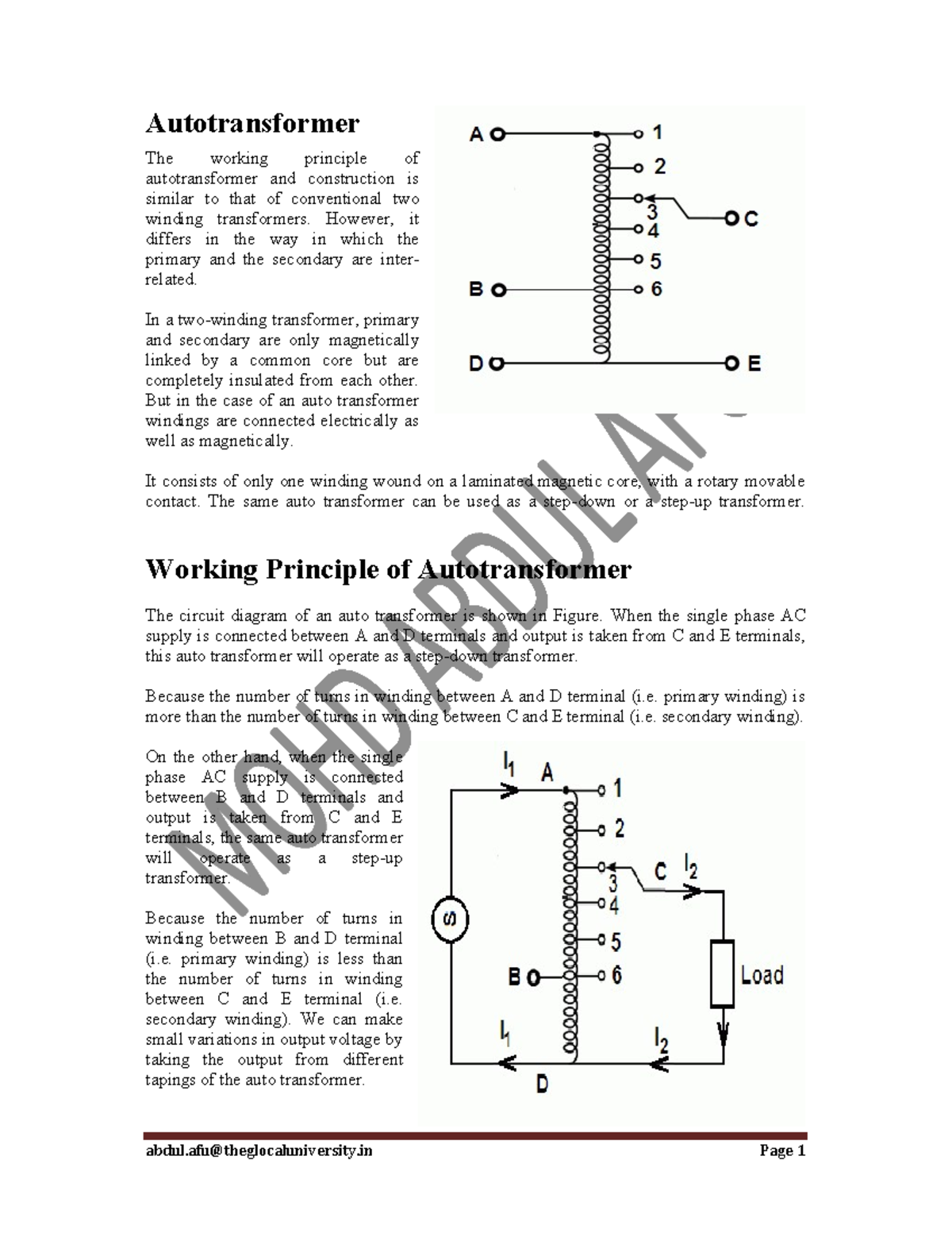 DC Machines & Transformers Autotransformer The working principle of