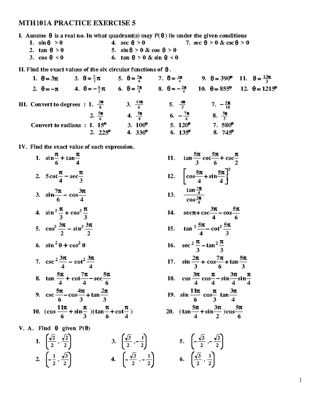 Practice Problems ON Trigonometry - I. Assume is a real no. In what ...