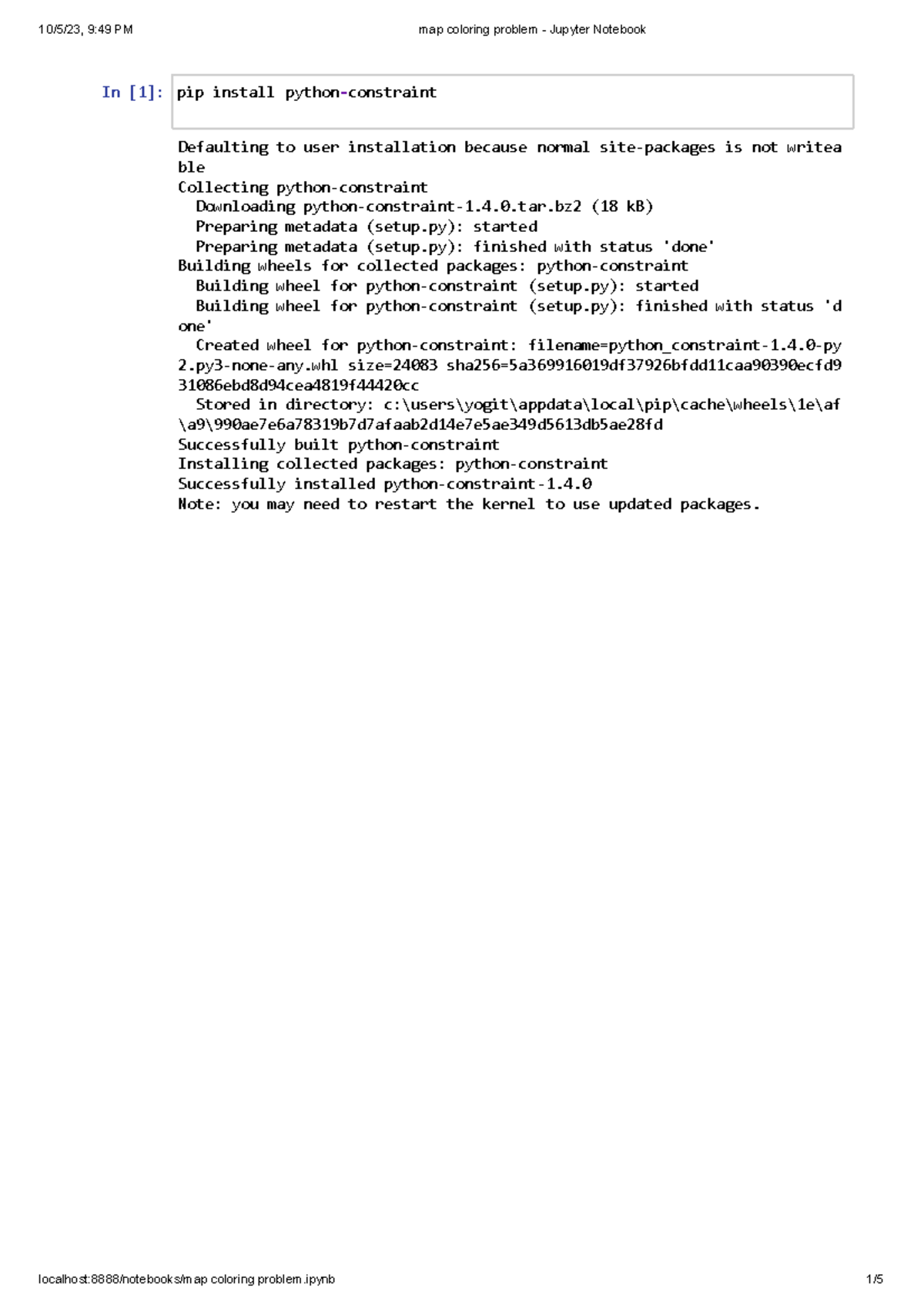 Map coloring problem - Jupyter Notebook - In [1]: Defaulting to user ...