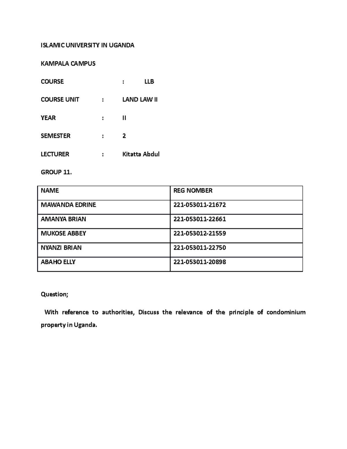 Co Land law ISLAMIC UNIVERSITY IN UGANDA KAMPALA CAMPUS COURSE