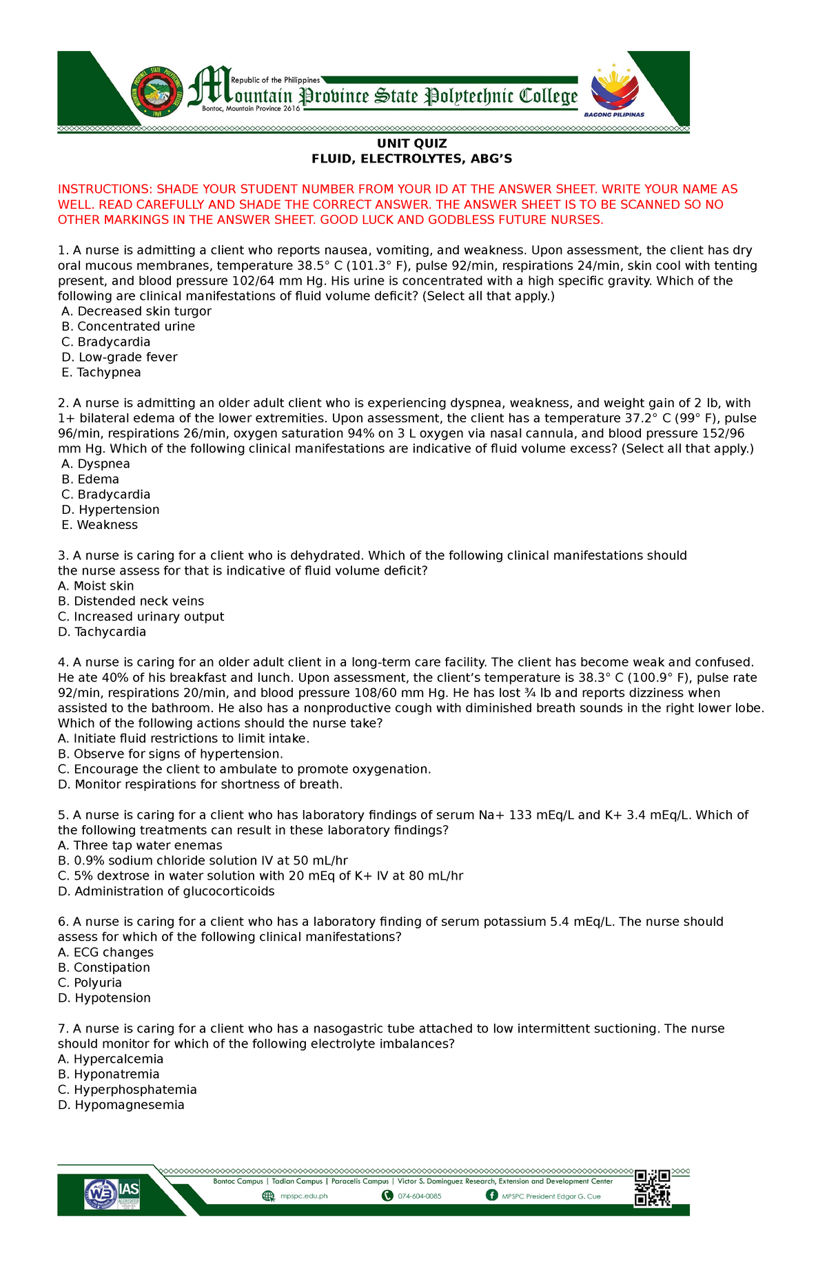 QUIZ 1 Fluid And Electrolytes - UNIT QUIZ FLUID, ELECTROLYTES, ABG’S ...