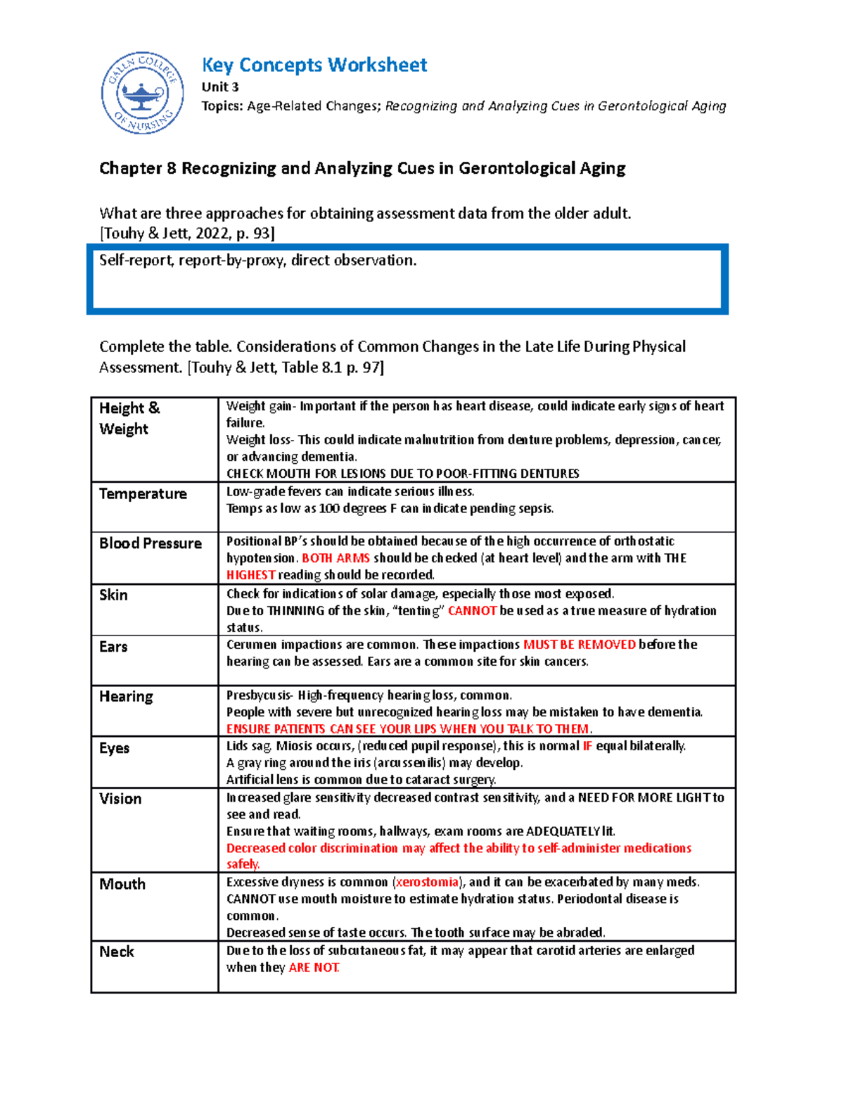 Unit 3 Key Concepts Worksheet Unit 3 Topics AgeRelated Changes
