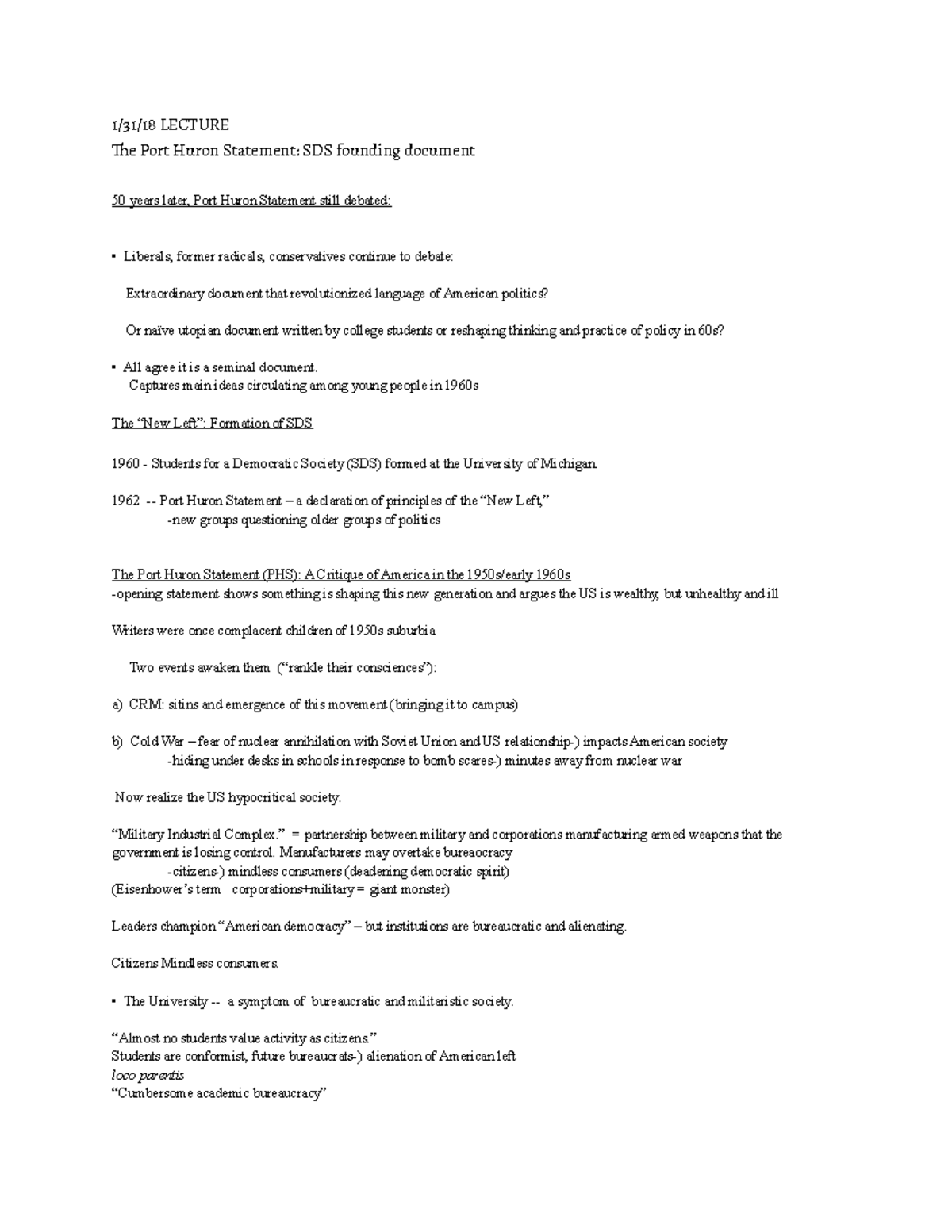 AMST Lecture 1 31 18 1/31/18 LECTURE The Port Huron Statement SDS founding document 50 years