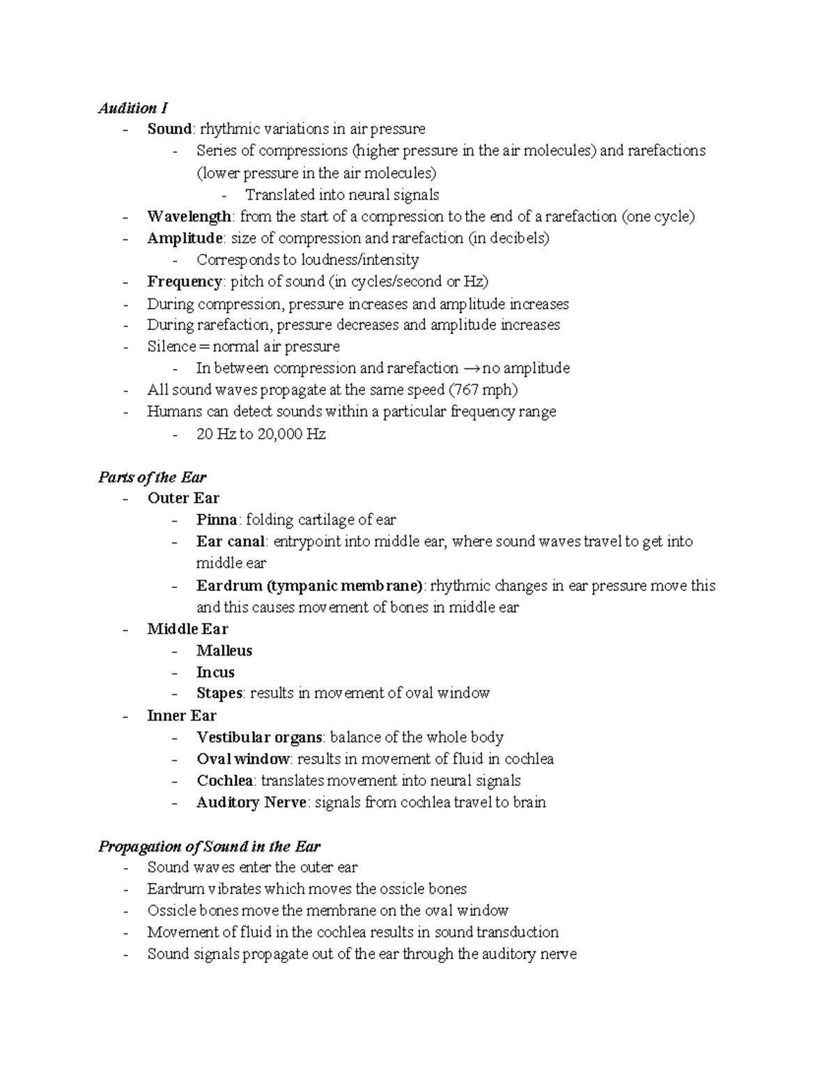 NE 101 Lecture 16 Compiled Notes - Audition I - Sound: rhythmic ...