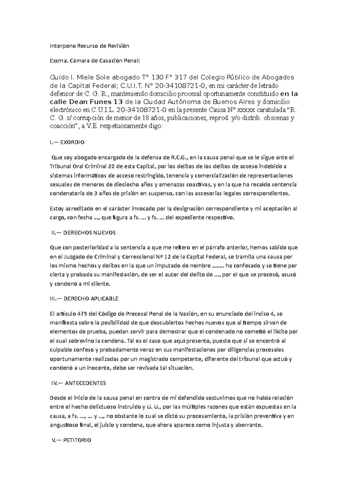 Interpone Recurso de Revisión (p14) - Interpone Recurso de Revisión Excma.  Cámara de Casación Penal: - Studocu