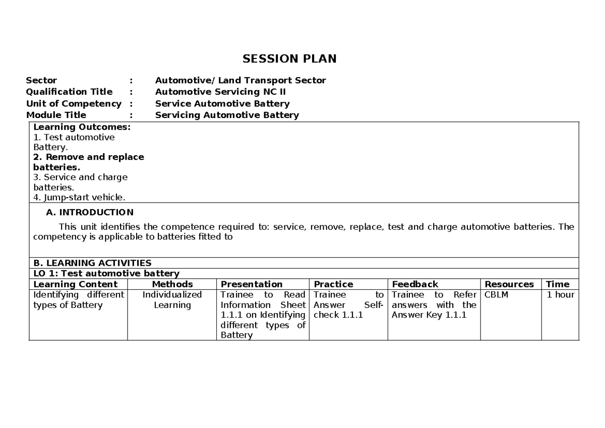 JSS-7-Session Plan - Automotive Servicing NC II - Session Planning ...