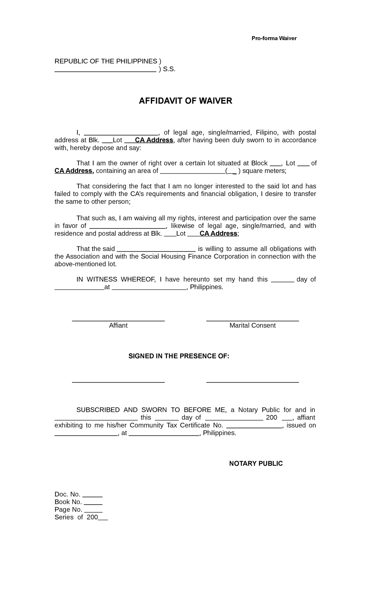 Sample Waiverof Rights Pro Forma Waiver Republic Of The Philippines S Affidavit Of Waiver 4036