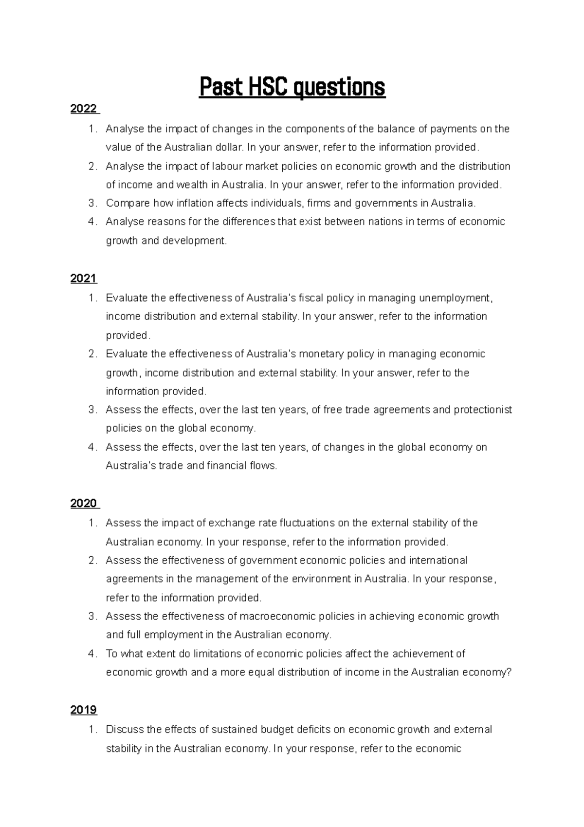 Past hsc eco questions - 2016-2022 past hsc essays - Past HSC questions ...