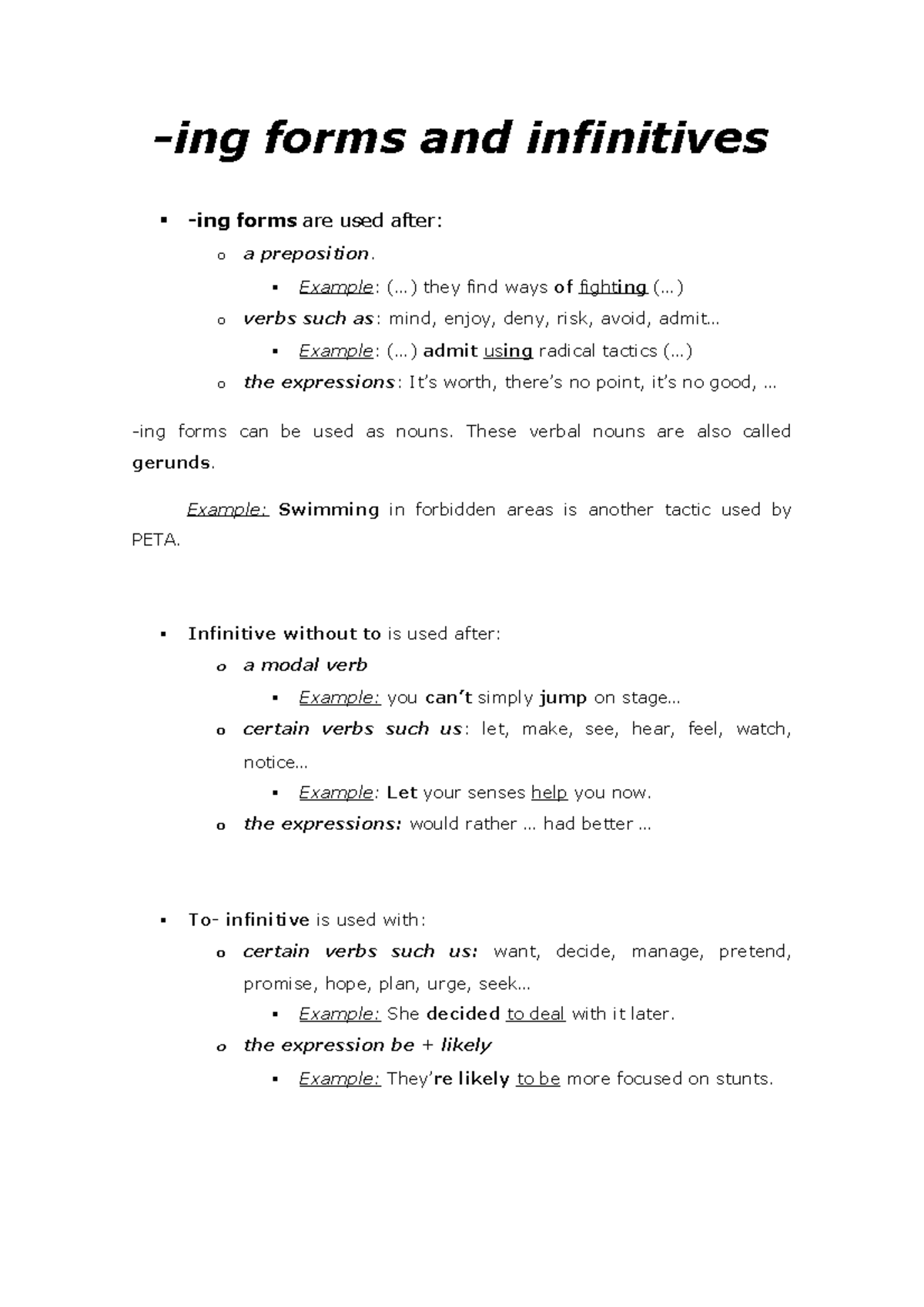 Ingles -ing forms and infinitives -ing forms are used after: o a ...
