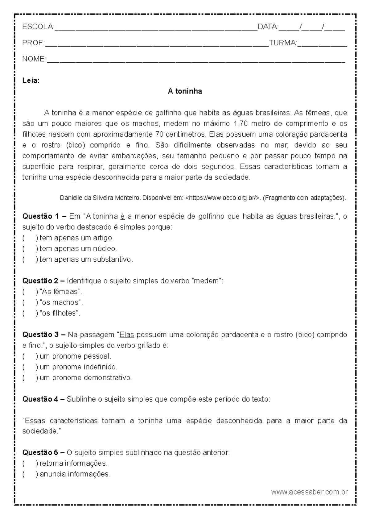 Exercícios Tipos De Sujeito 7 Ano Com Gabarito - NAZAEDU
