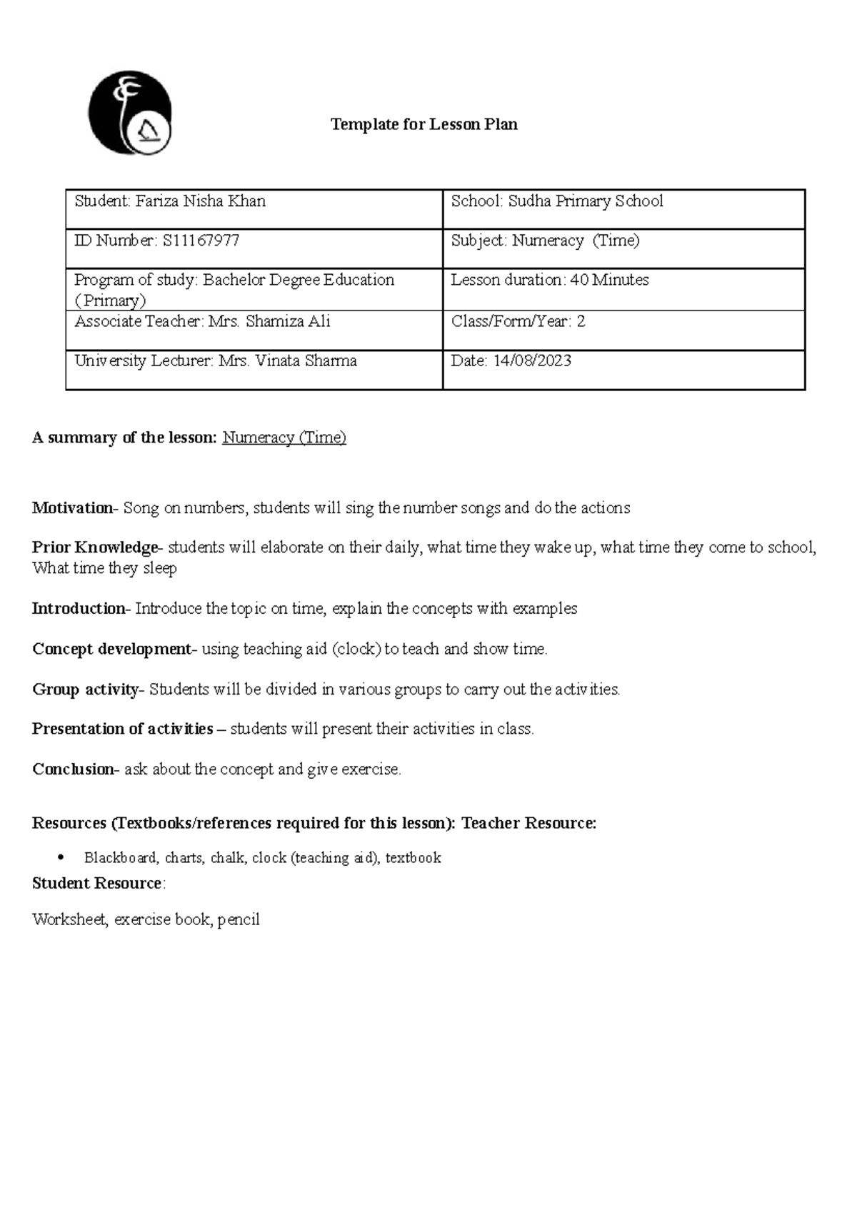 ED 300 Assignment 4 Lesson Plan - Template for Lesson Plan Student ...