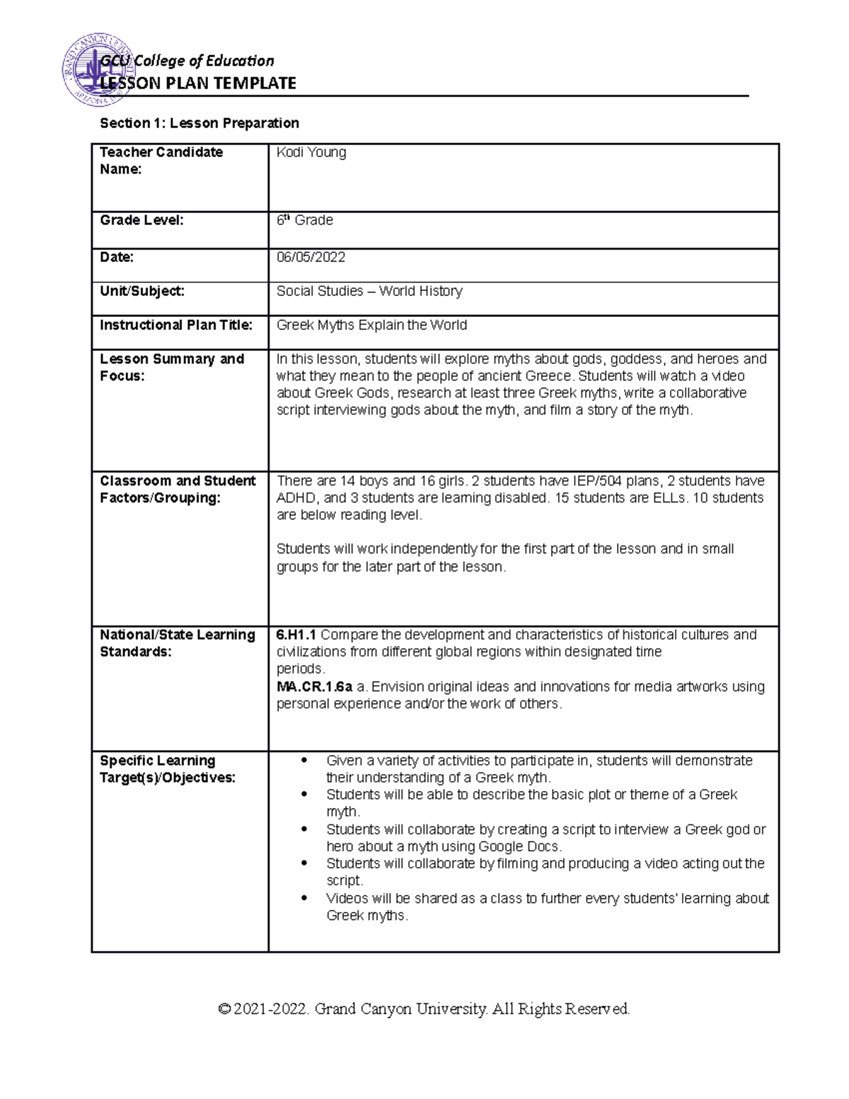 Week 4 Lesson Plan - LESSON PLAN TEMPLATE Section 1: Lesson Preparation ...