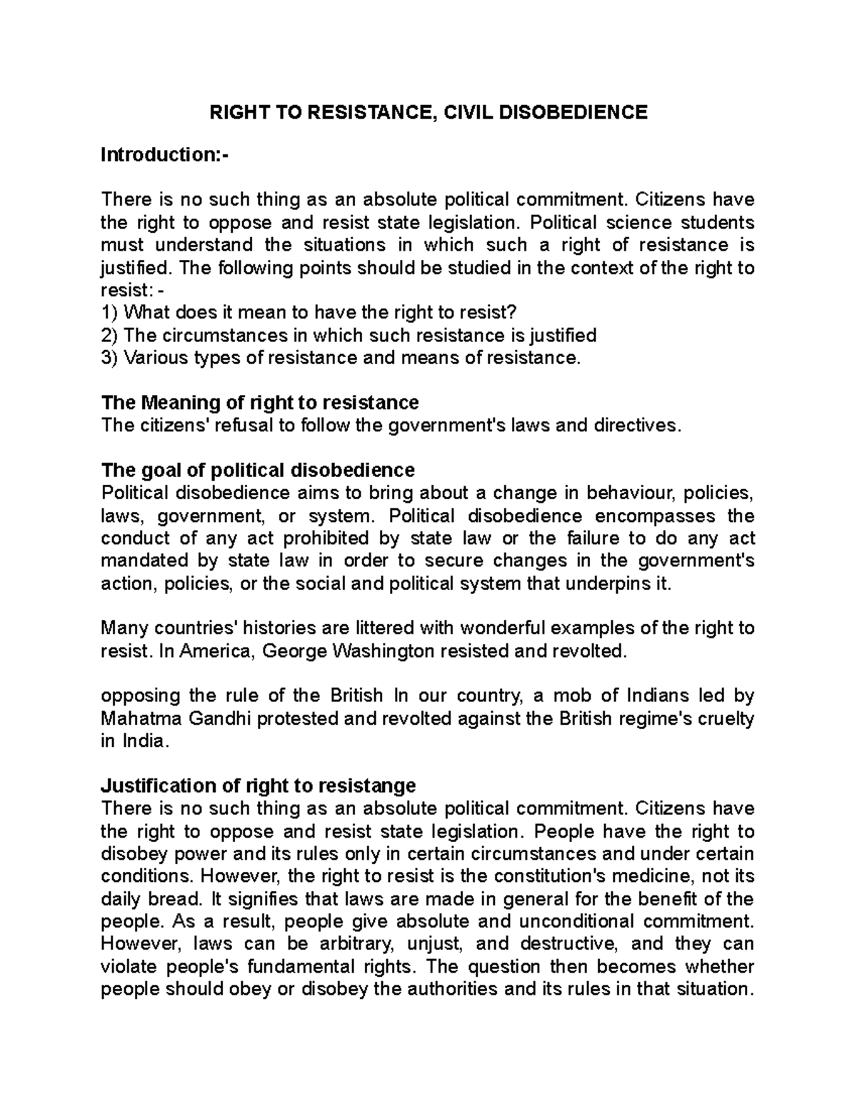 Right TO Resistance - Lecture Notes 1 - RIGHT TO RESISTANCE, CIVIL ...