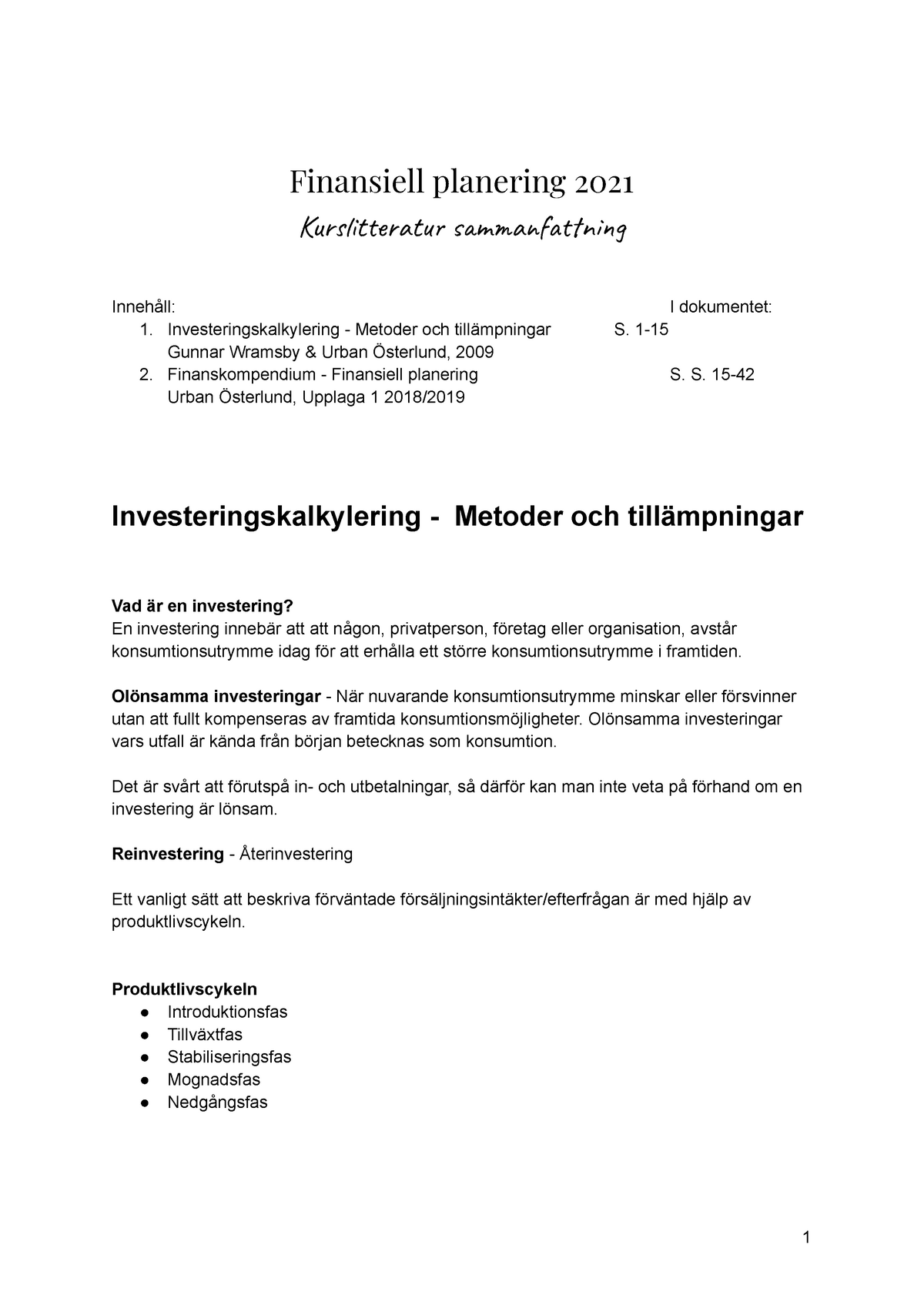 Finansiell Planering Sammanfattning Av Kurslitteratur - SFI011 ...