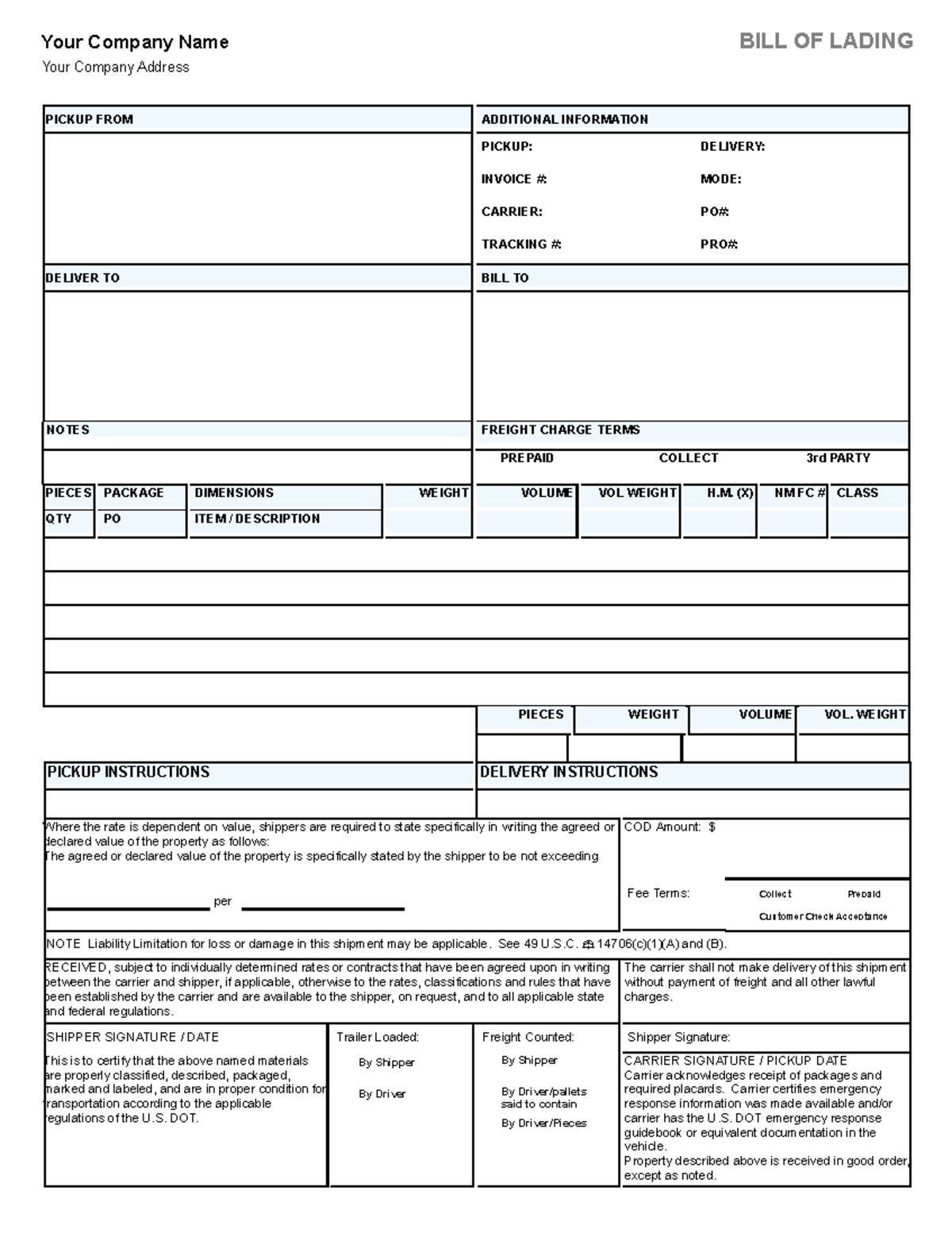 Bill Of Lading - BILL OF LADING Your Company Address Your Company Name ...