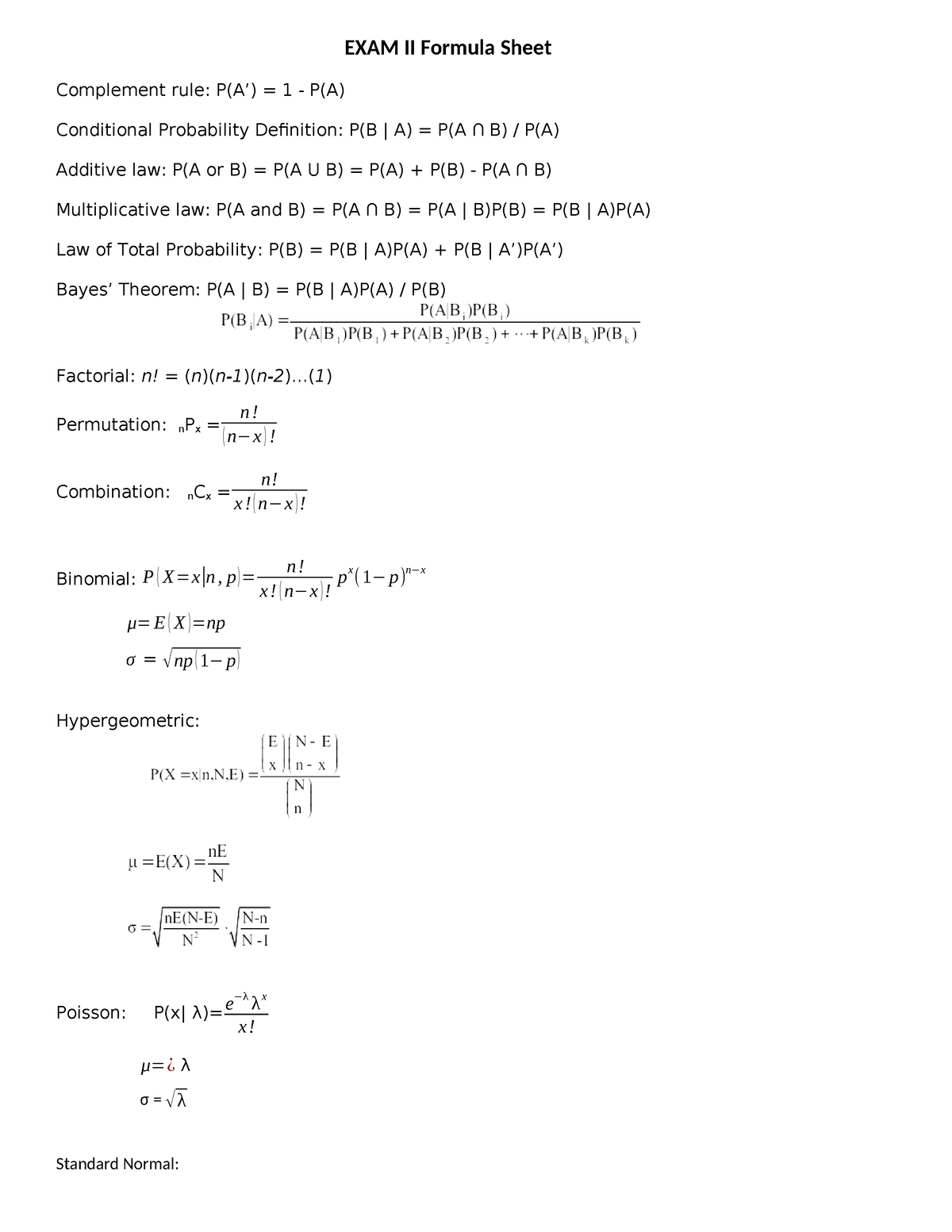 EXAM II Formula Sheet - EXAM II Formula Sheet Complement rule: P(A ...