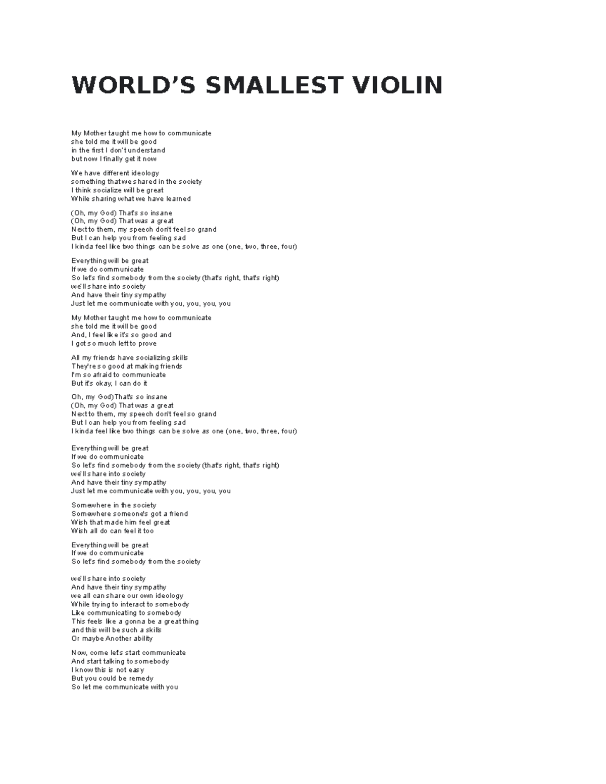 UCSP-SONG- Project-1 - zzz - WORLD’S SMALLEST VIOLIN My Mother taught ...