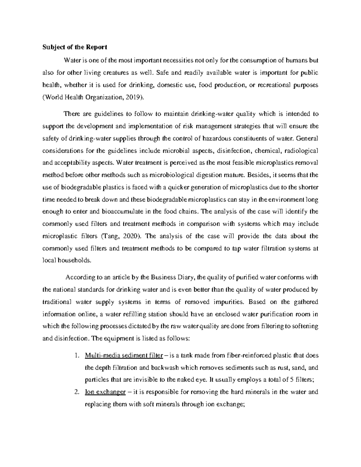 Analysis of Case - Microplastics - Subject of the Report Water is one ...