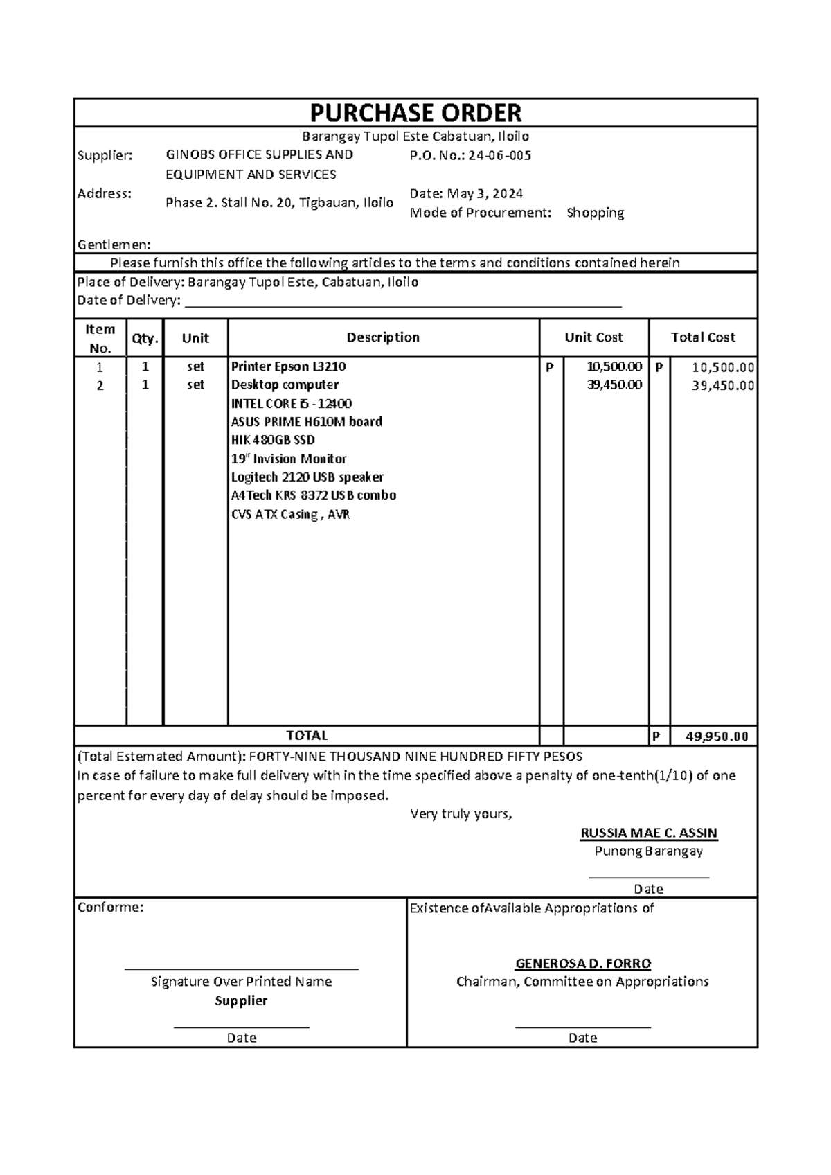 PO ICT1 - assignment - Supplier: P. No.: 24-06- Date: May 3, 2024 Mode ...