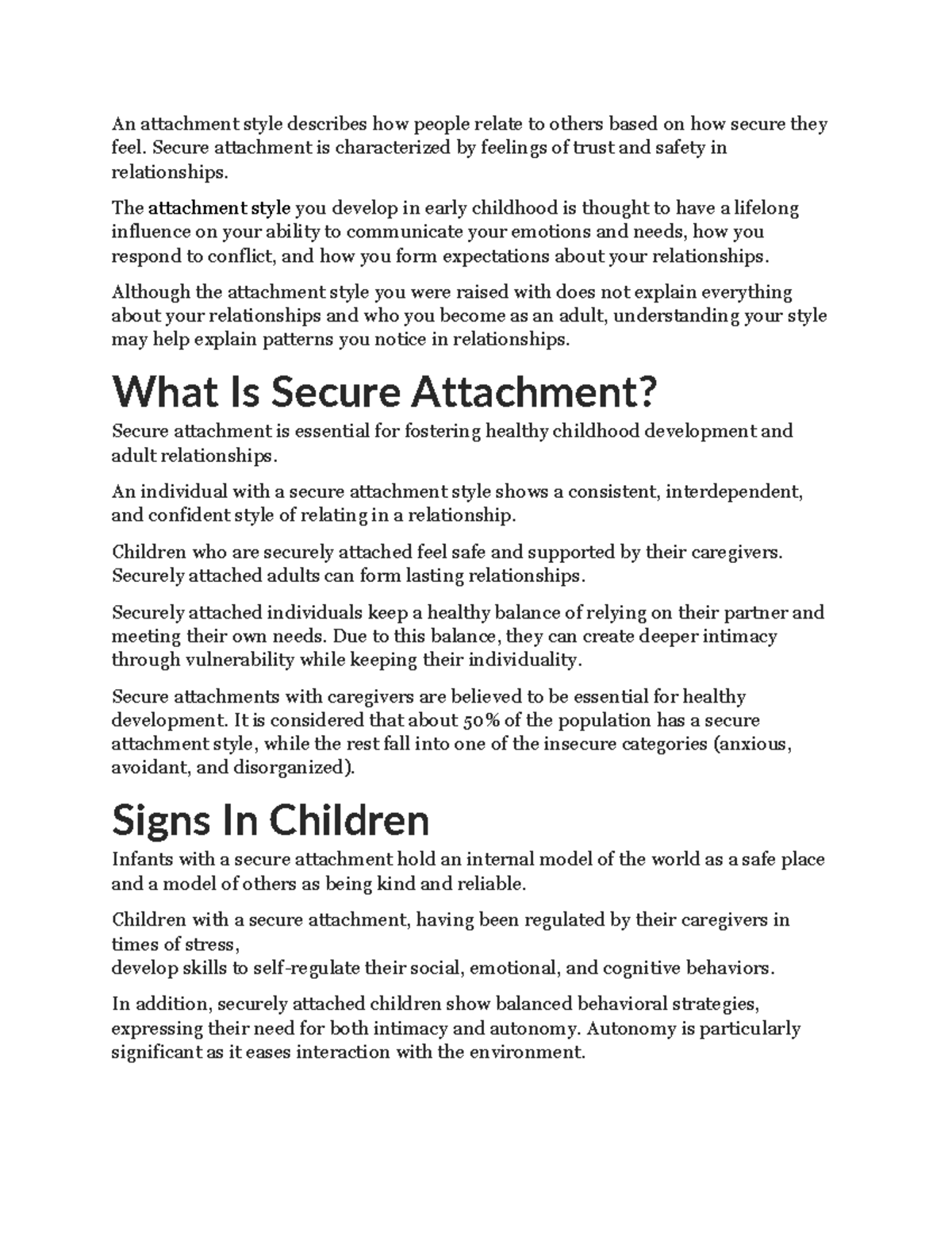 Secure attatchment Notes - An attachment style describes how people ...