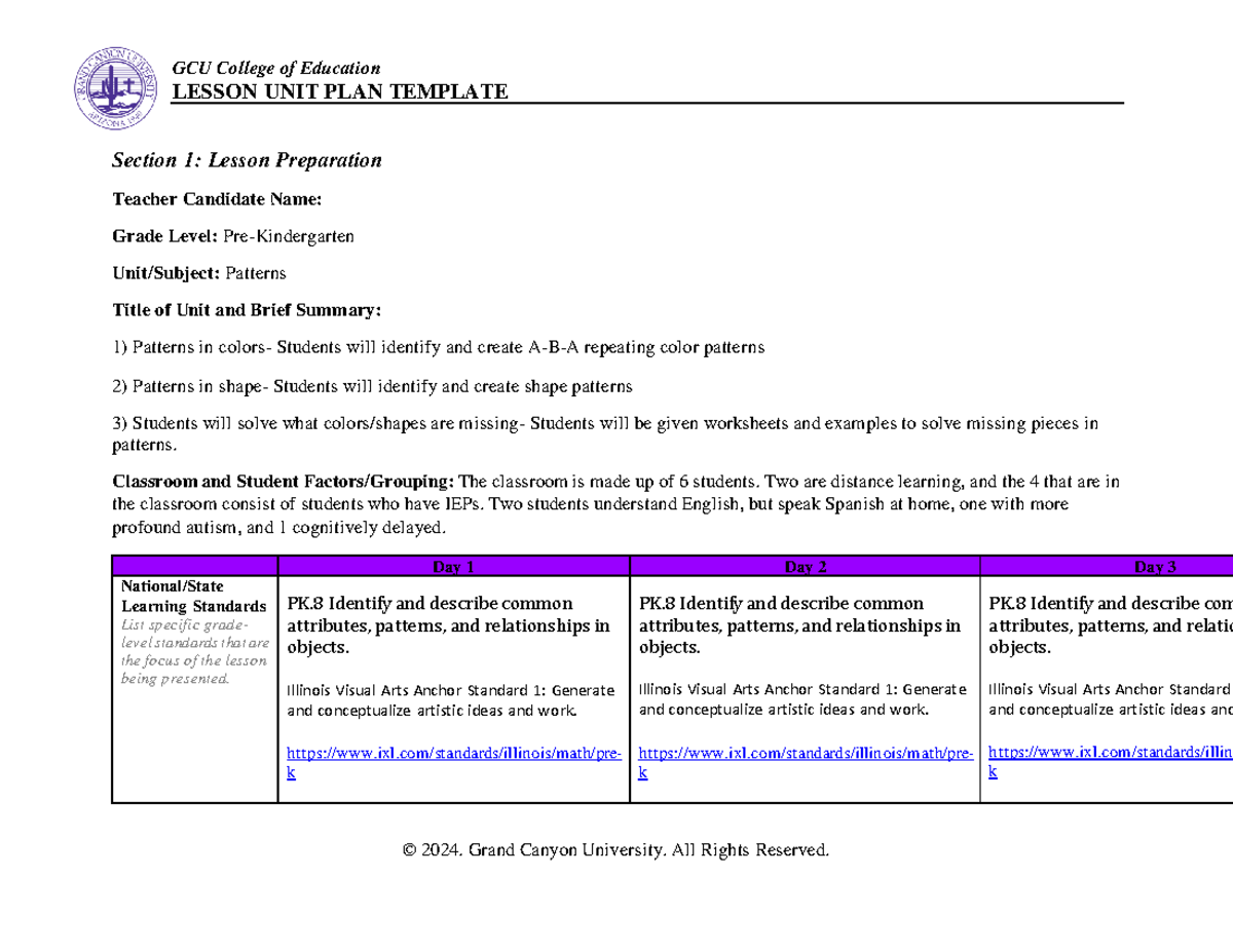 Unit Plan630 - Unit plan for ECE-630 - GCU College of Education LESSON ...