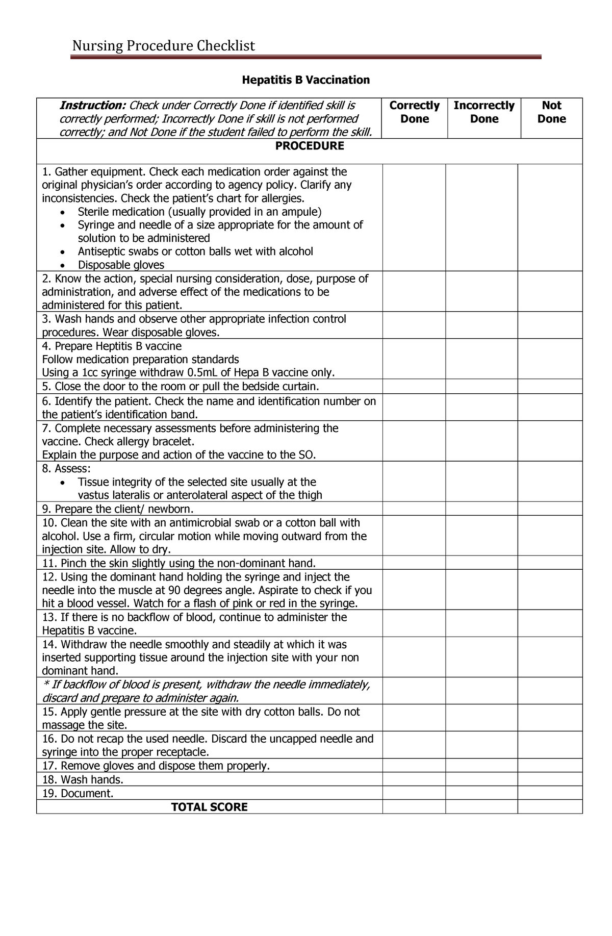 Hepa B vaccine Checklist - Nursing Procedure Checklist Hepatitis B ...