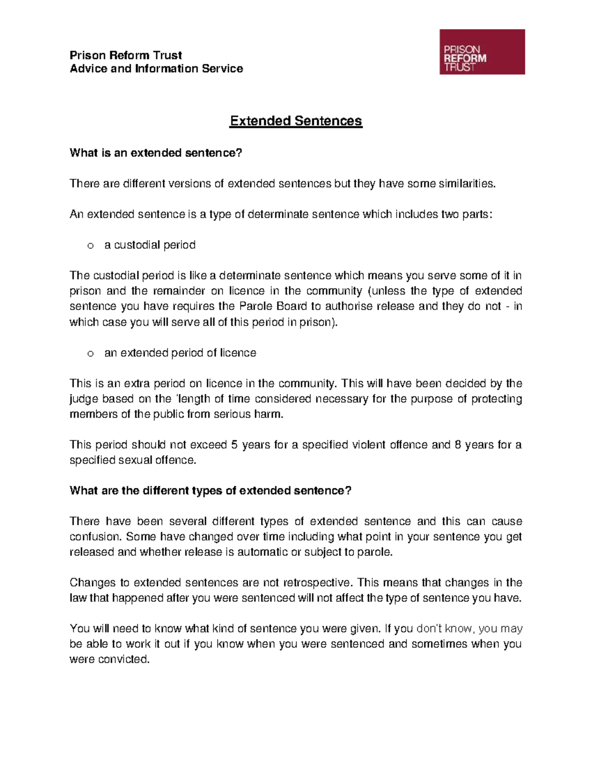 Extended sentences information sheet criminal law - Prison Reform Trust ...