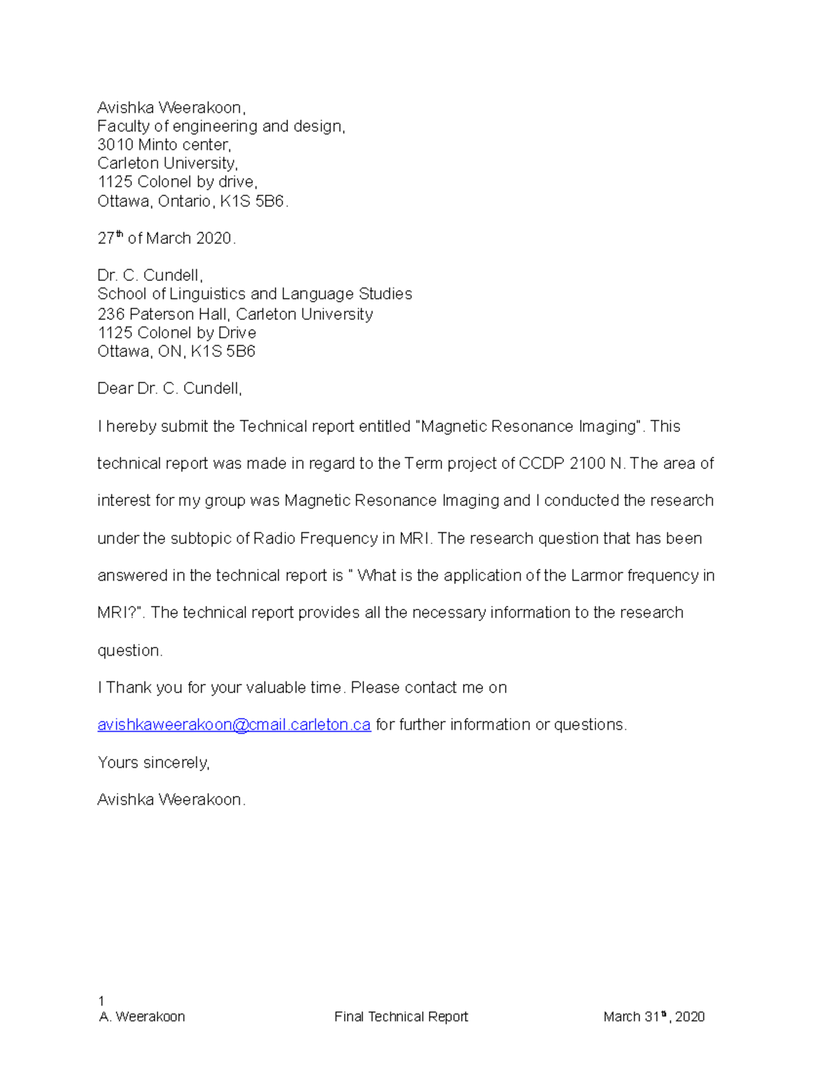 Final technical report - Avishka Weerakoon, Faculty of engineering and ...