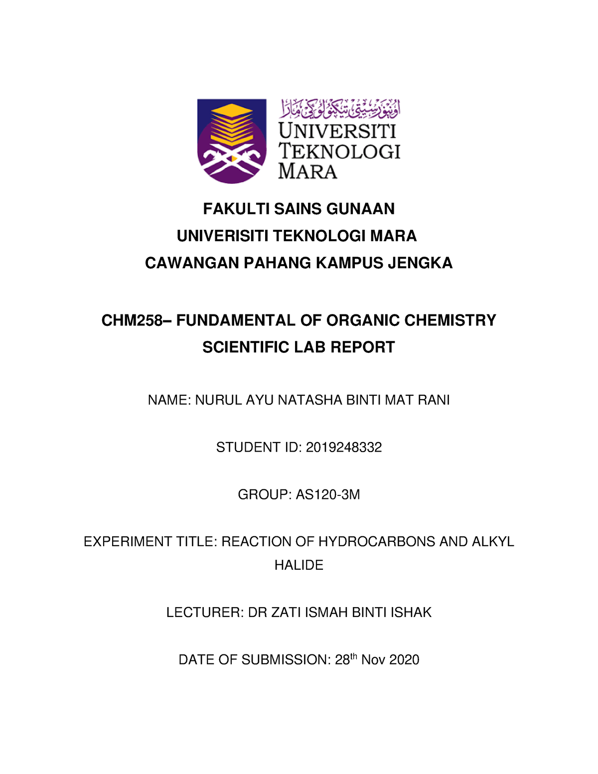 Chm258 Lab Report Reaction Of Hydrocarbons And Alkyl Halide Lab Report 