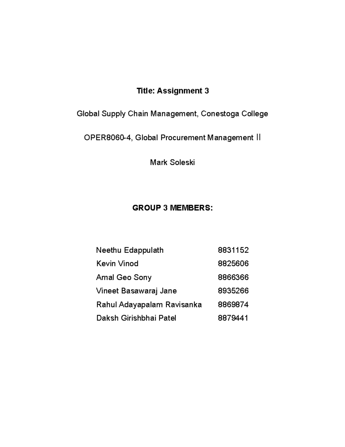 Assignment 3 Procurement group 3 Title Assignment 3 Global Supply Chain Management, Conestoga