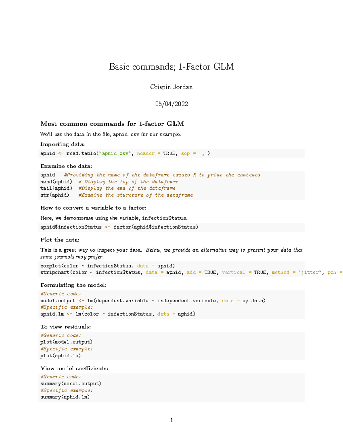 Data Analysis cheat sheet - Basic commands; 1-Factor GLM Crispin Jordan ...