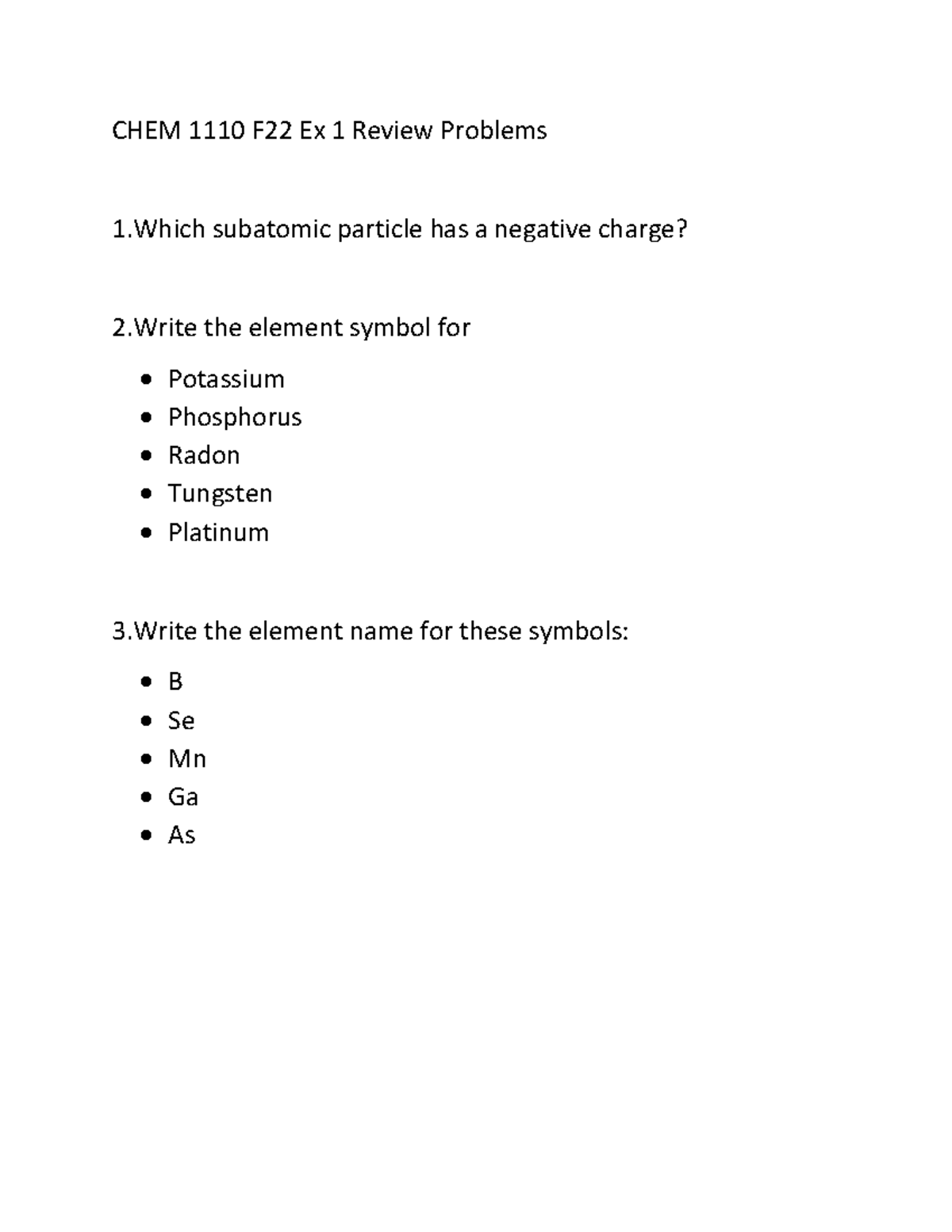 Ex 1 Review - CHEM 1110 F22 Ex 1 Review Problems 1 subatomic particle ...