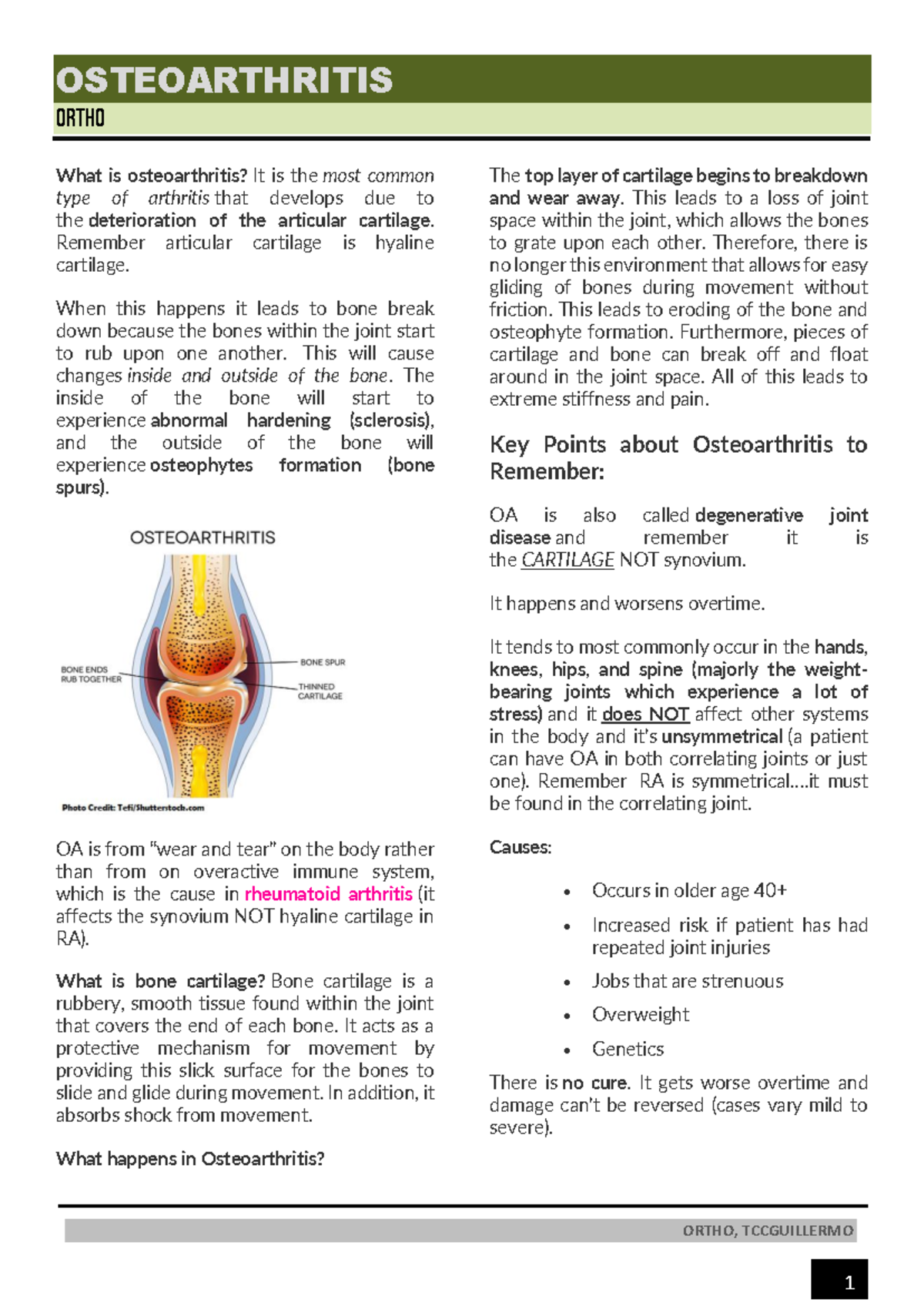 Ortho Notes - ORTHO, TCCGUILLERMO OSTEOARTHRITIS ORTHO What is ...