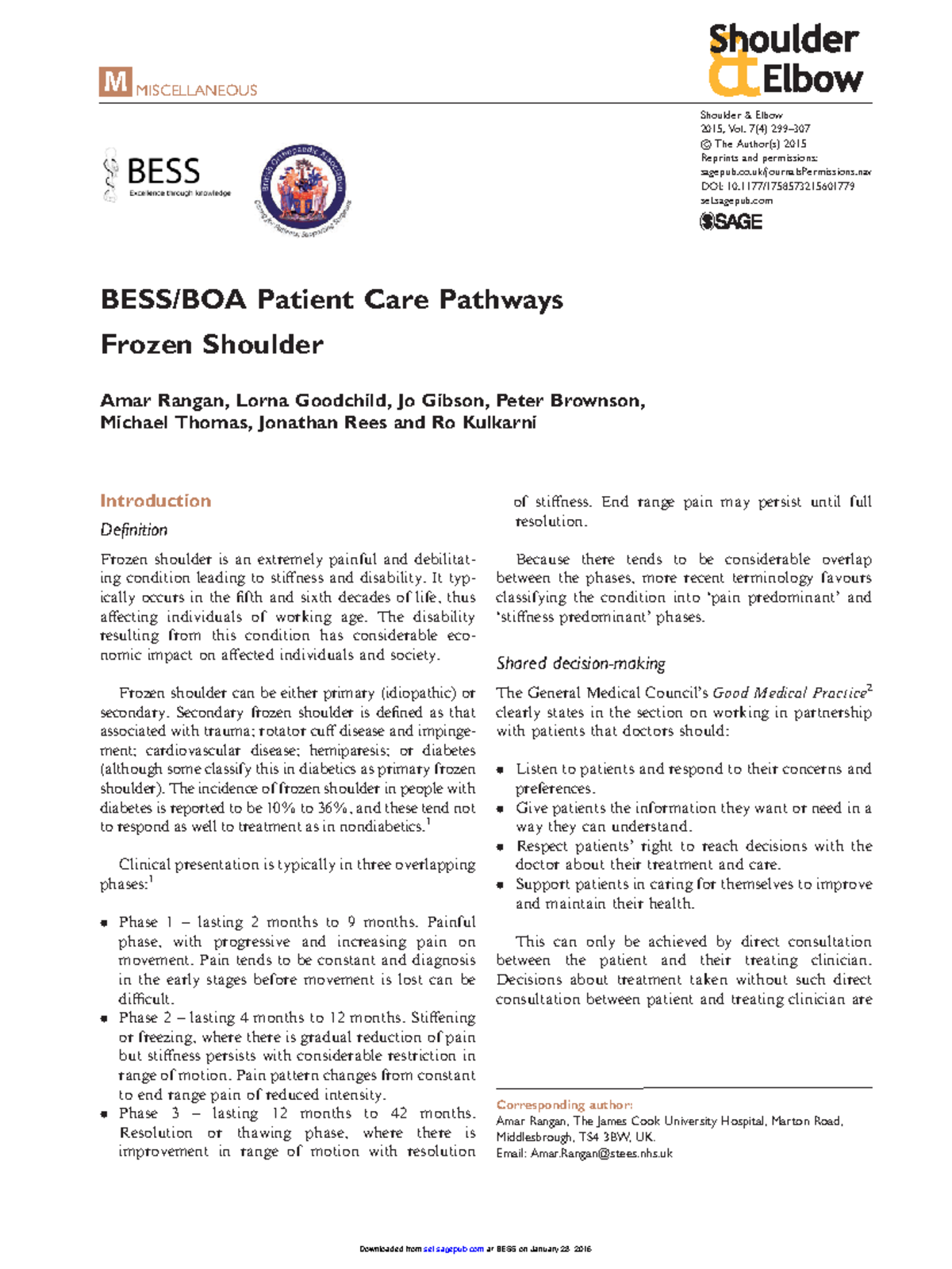 Frozen shoulder eee M MISCELLANEOUS BESS/BOA Patient Care Pathways