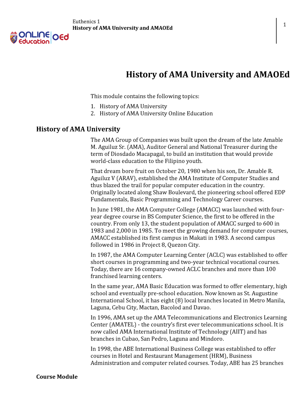 Week 1 - Lesson 1 - History - Euthenics 1 History Of AMA University And ...