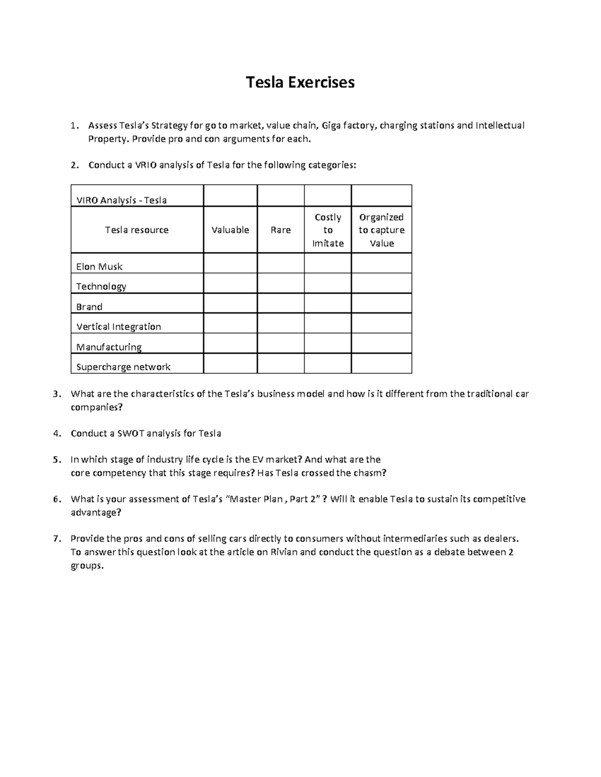 Exercises Tesla S2023 - PLS SOLVE IT - Tesla Exercises Assess Tesla’s ...