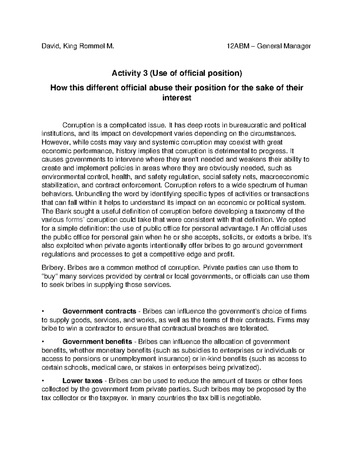 Activity 3 - David Ethics - David, King Rommel M. 12ABM – General ...