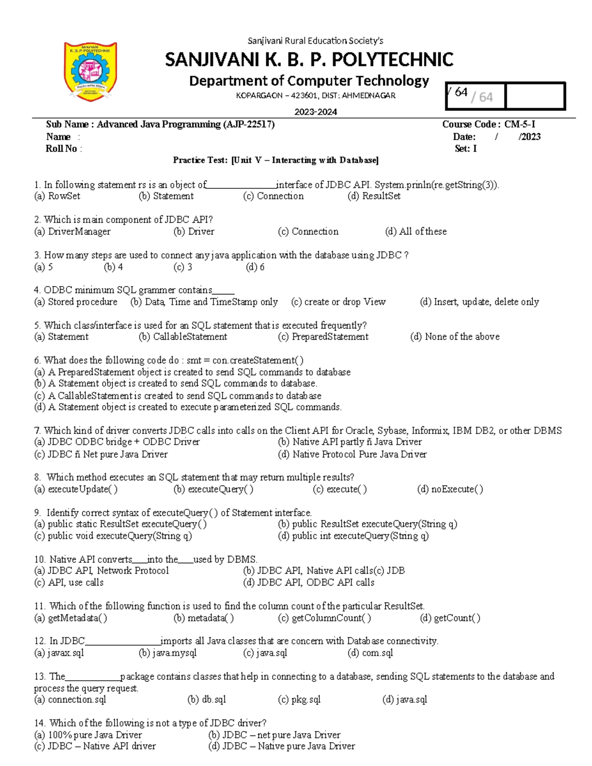 U5set1question-1 - Unit 5 assignment - / 64 Sanjivani Rural Education ...