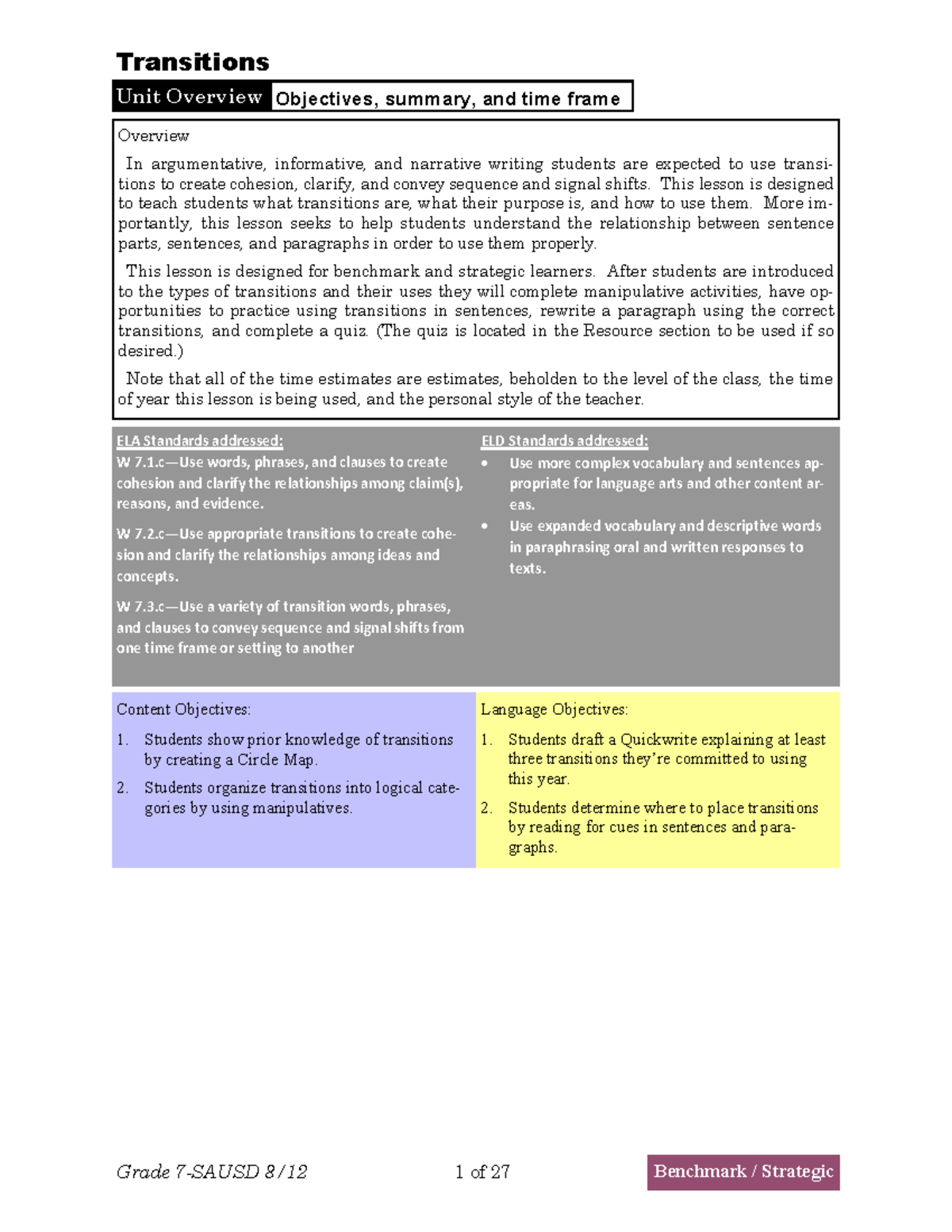 7th transitions - TRANSITIONAL DEVICES - Unit Overview Objectives ...