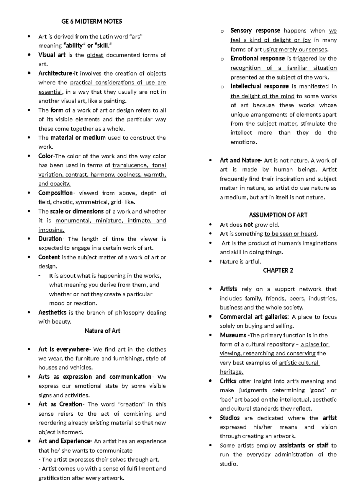 GE 6 Midterm Notes - GE 6 MIDTERM NOTES Art is derived from the Latin ...