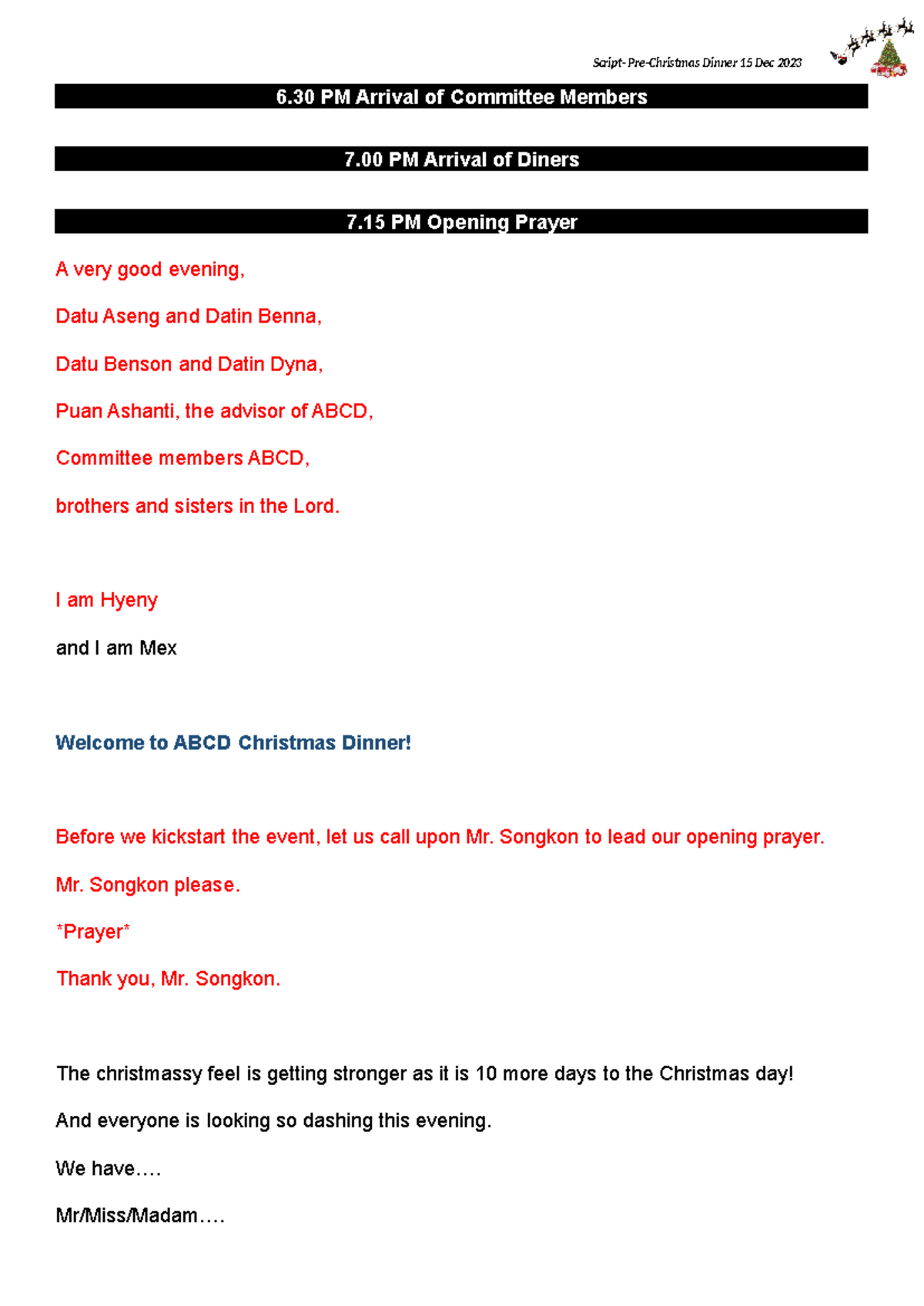 Pre-Christmas Dinner Script - 6 PM Arrival of Committee Members 7 PM ...