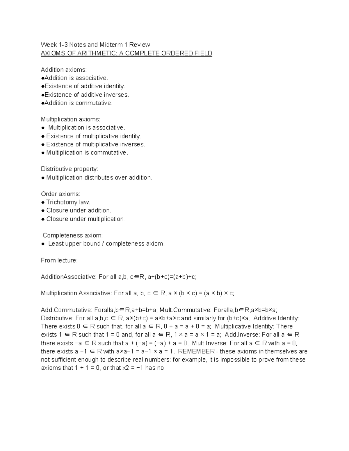 Week 1 notes from class - Week 1-3 Notes and Midterm 1 Review AXIOMS OF ...