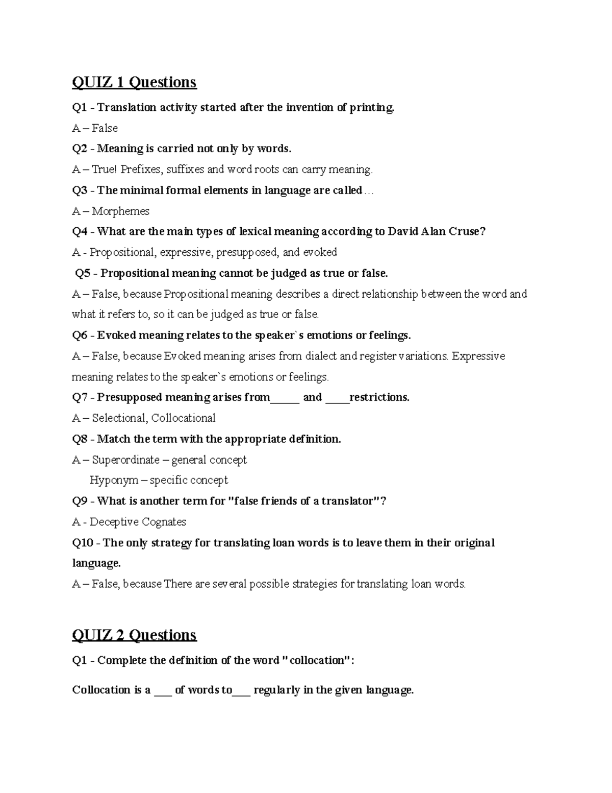 TRAI 1371 - QUIZ Questions - QUIZ 1 Questions Q1 - Translation activity ...
