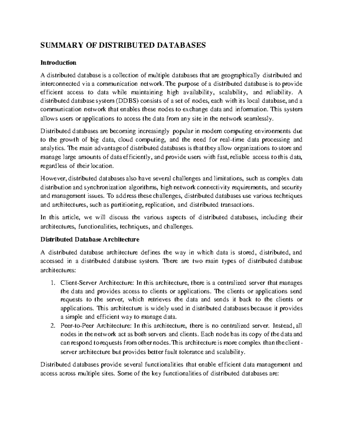 Summary of Distributed Databases - SUMMARY OF DISTRIBUTED DATABASES ...